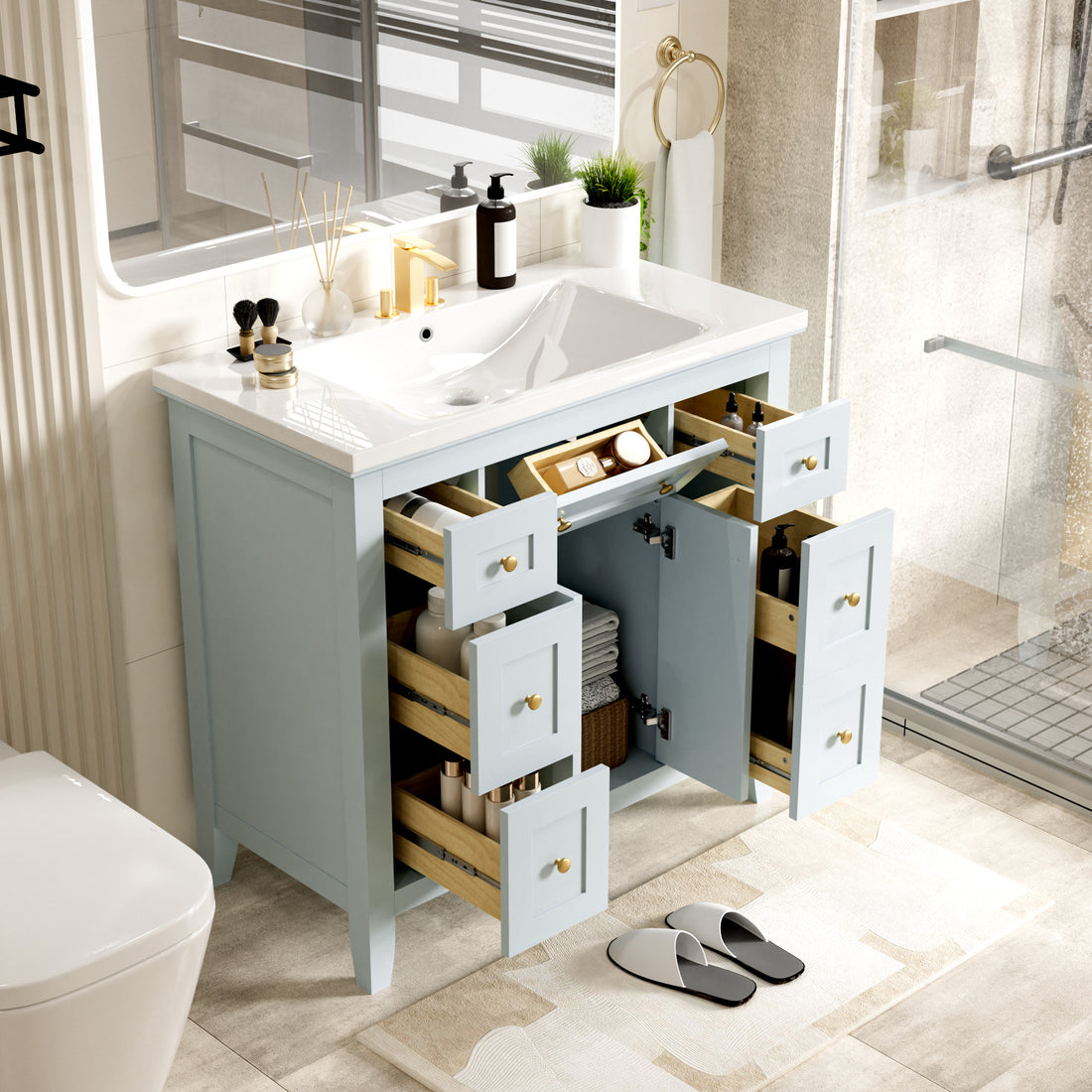 36'' Bathroon Vanity With Resin Sink Combo Set, Modern Freestanding Single Bathroom Cabinet With 6 Drawers & 2 Cabinets, Storage Cabinet For Bathroom, Solid Wood Frame Vanity Set, Light Blue 4 Light Blue 2 Bathroom Freestanding Modern Solid Wood Mdf