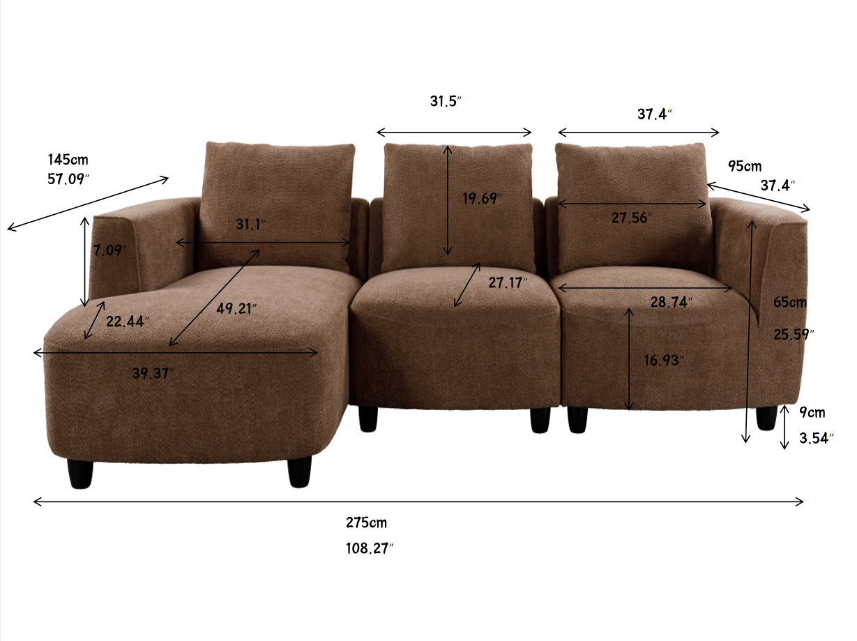 Wks14C Mid Century Modern Sofa, Three Seat Sofa With Recliner, Living Room, Bedroom, Living Room, Camel Color Camel Fabric 3 Seat