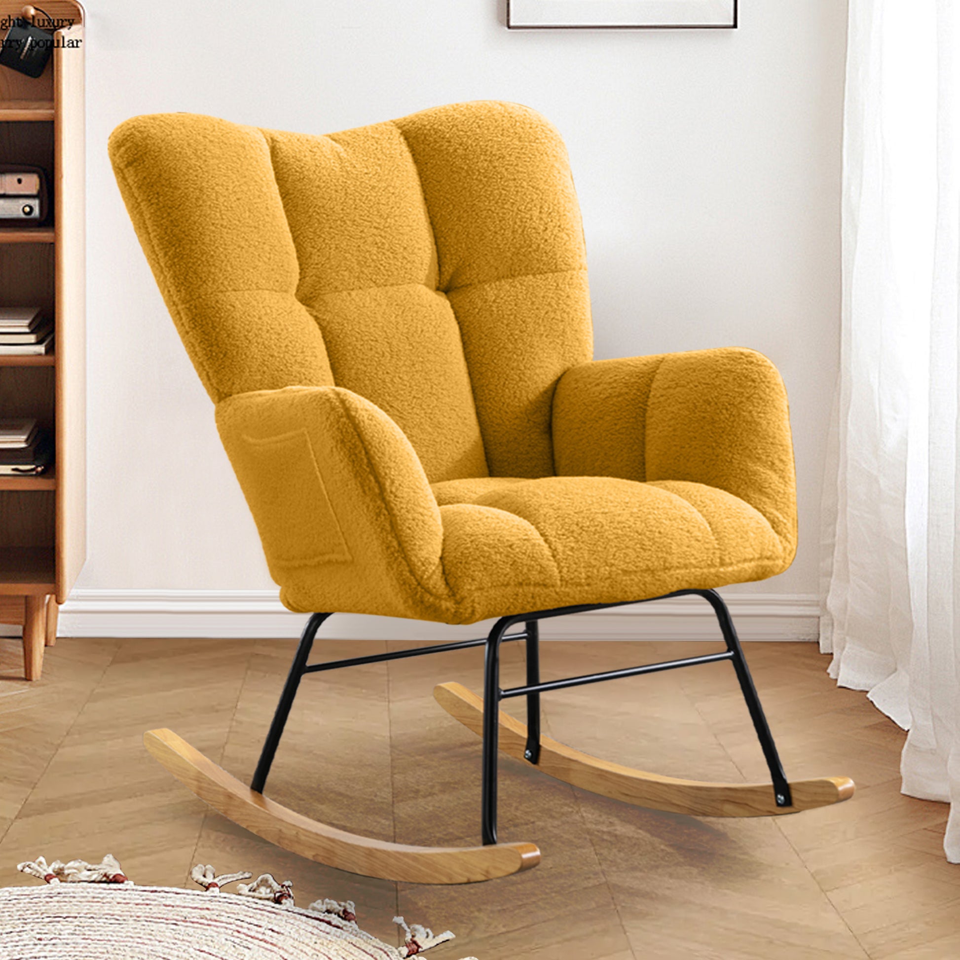 Teddy Fabric Rocking Chair, Modern Rocking Accent Chair For Nursery, Living Room, Bedroom, Yellow Metal Yellow Bedroom Foam Modern Rocking Chairs Foam Wood Metal