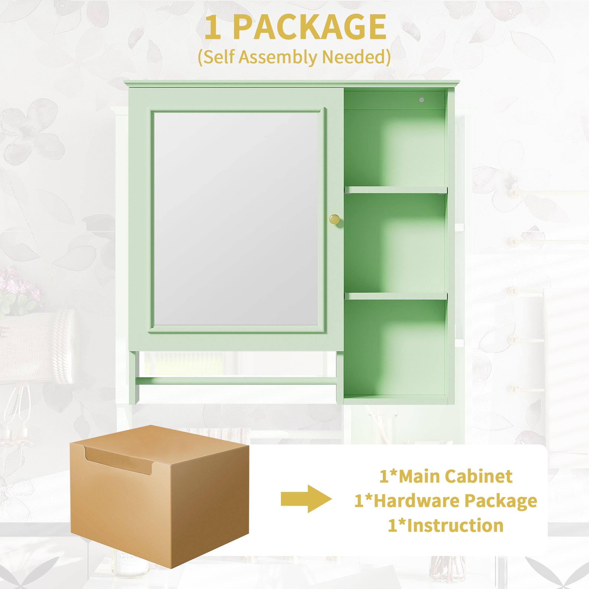 Wall Mounted Bathroom Storage Cabinet, Medicine Cabinets With Large Mirror Door, Adjustable Shelves And Three Open Storage Levels Not Include Bathroom Vanity Green 1 5 Mirror Included Bathroom Wall Mounted Mdf Glass Painted