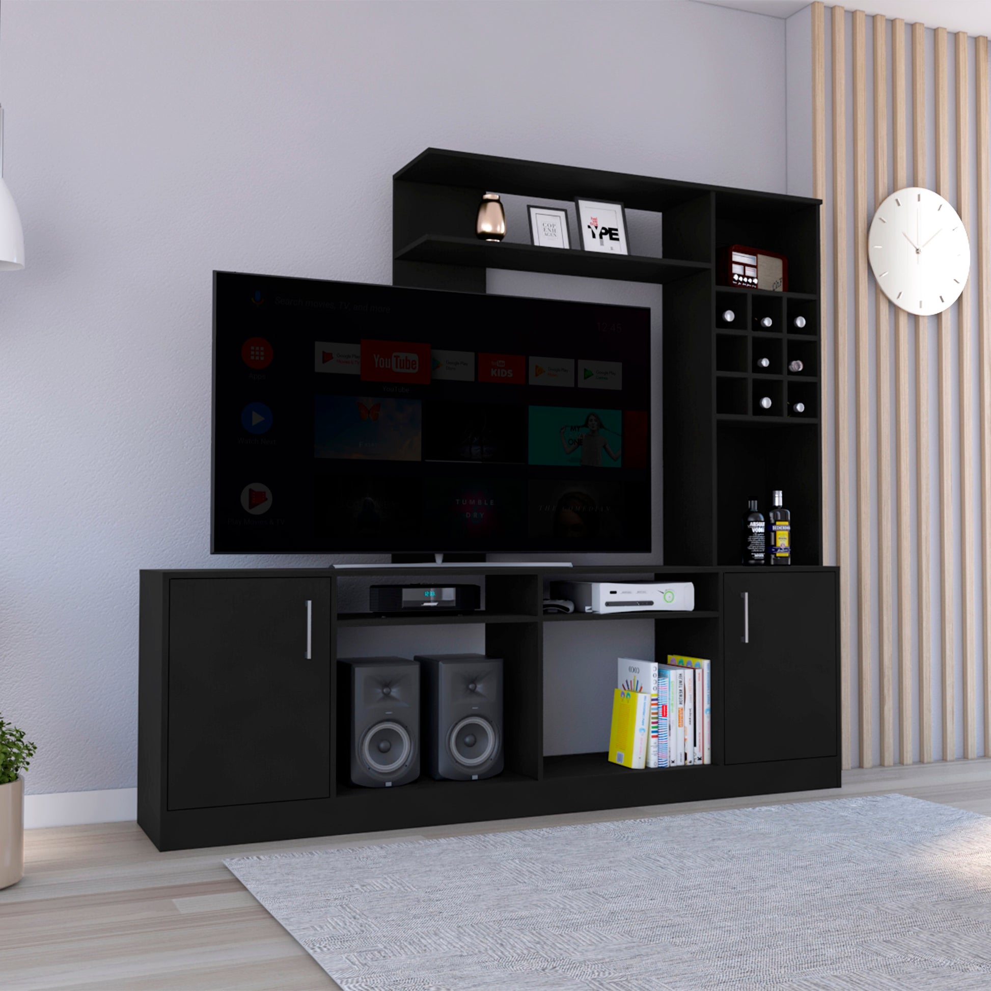 Entertainment Center For Tv S Up 78", Double Door Cabinet, Storage Spaces, Six External Shelves, Black Black 60 69 Inches Solid Wood Mdf Engineered Wood