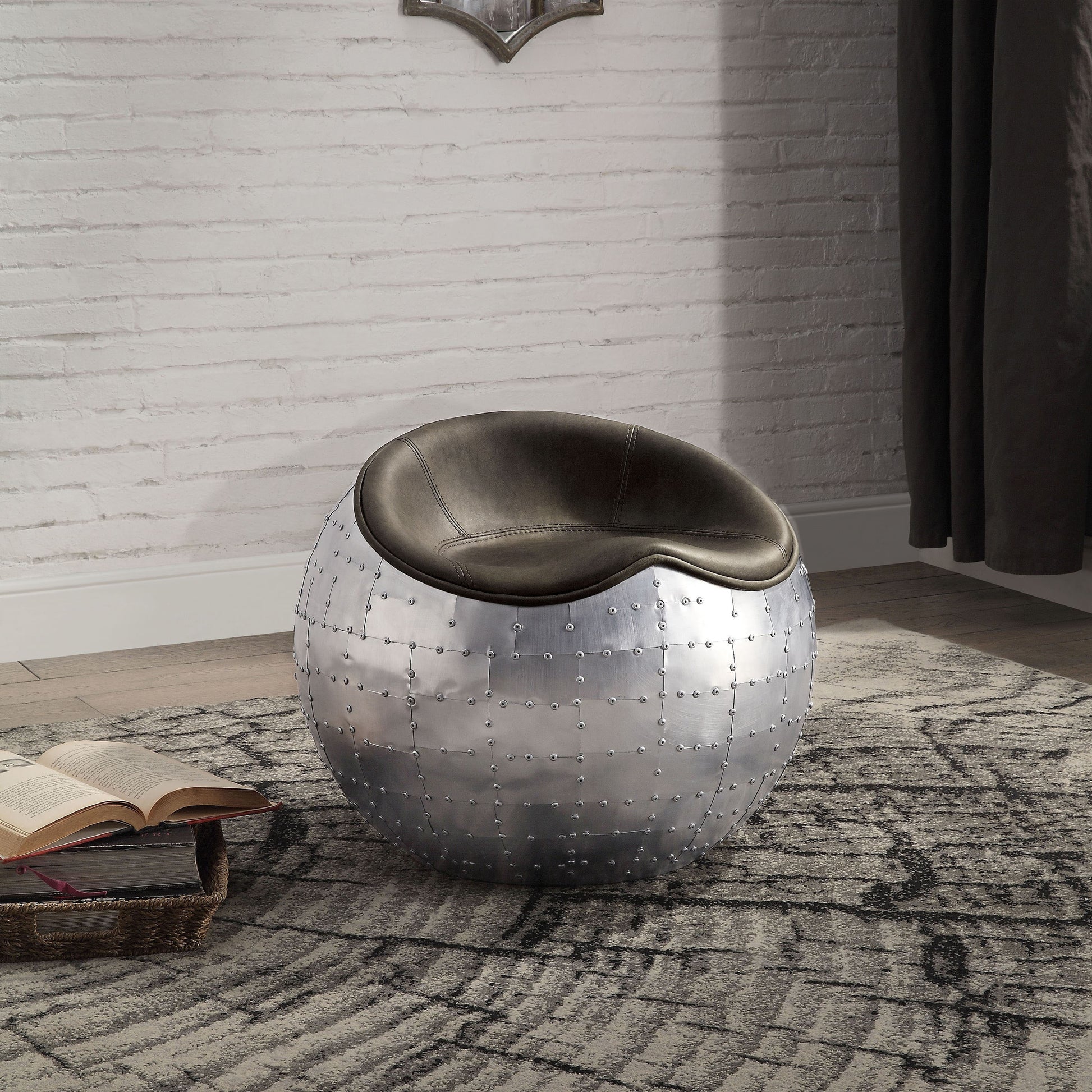 Antique Emerald And Aluminum Ottoman With Saddle Seat Emerald Genuine Leather Wood Primary Living Space Solid Round Armless Leather