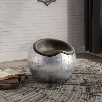 Antique Emerald And Aluminum Ottoman With Saddle Seat Emerald Genuine Leather Wood Primary Living Space Solid Round Armless Leather