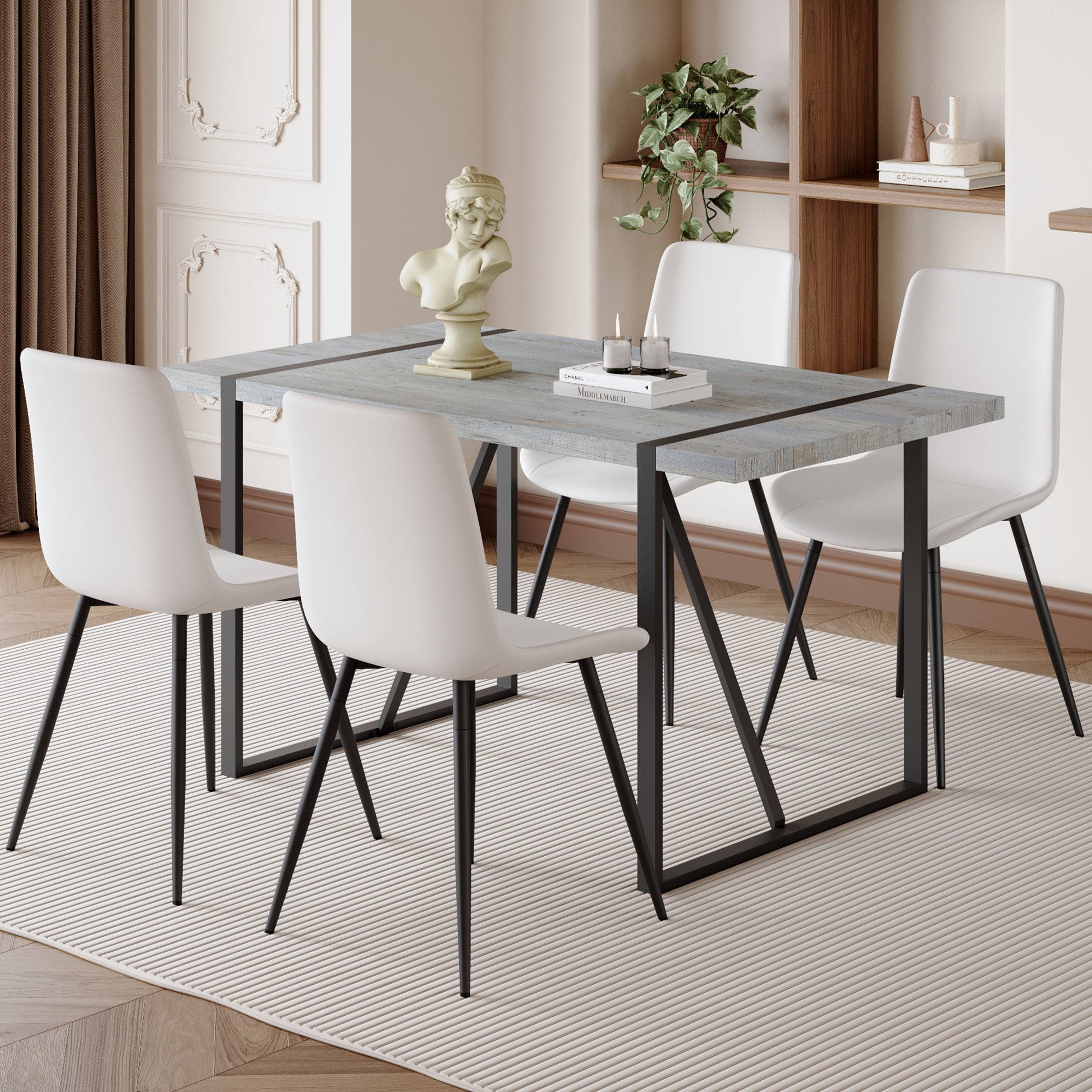 Table And Chair Set. Modern Minimalist Grey Marble Textured Mdf Dining Table With Metal Frame. Comes With Chairs With 4 Pu Cushions And Black Metal Legs. White Seats 4 Mdf Metal