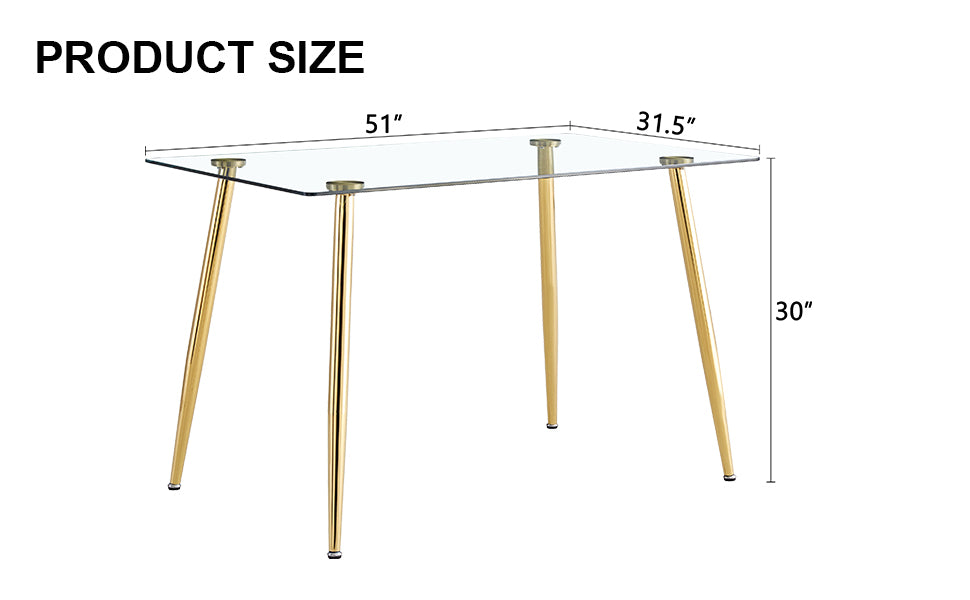 Modern Minimalist Rectangular Glass Dining Table For 4 6 With 0.31" Tempered Glass Tabletop And Golden Plating Metal Legs, Writing Table Desk, For Kitchen Dining Living Room, 51" *31"*30".F 1544 Golden Glass