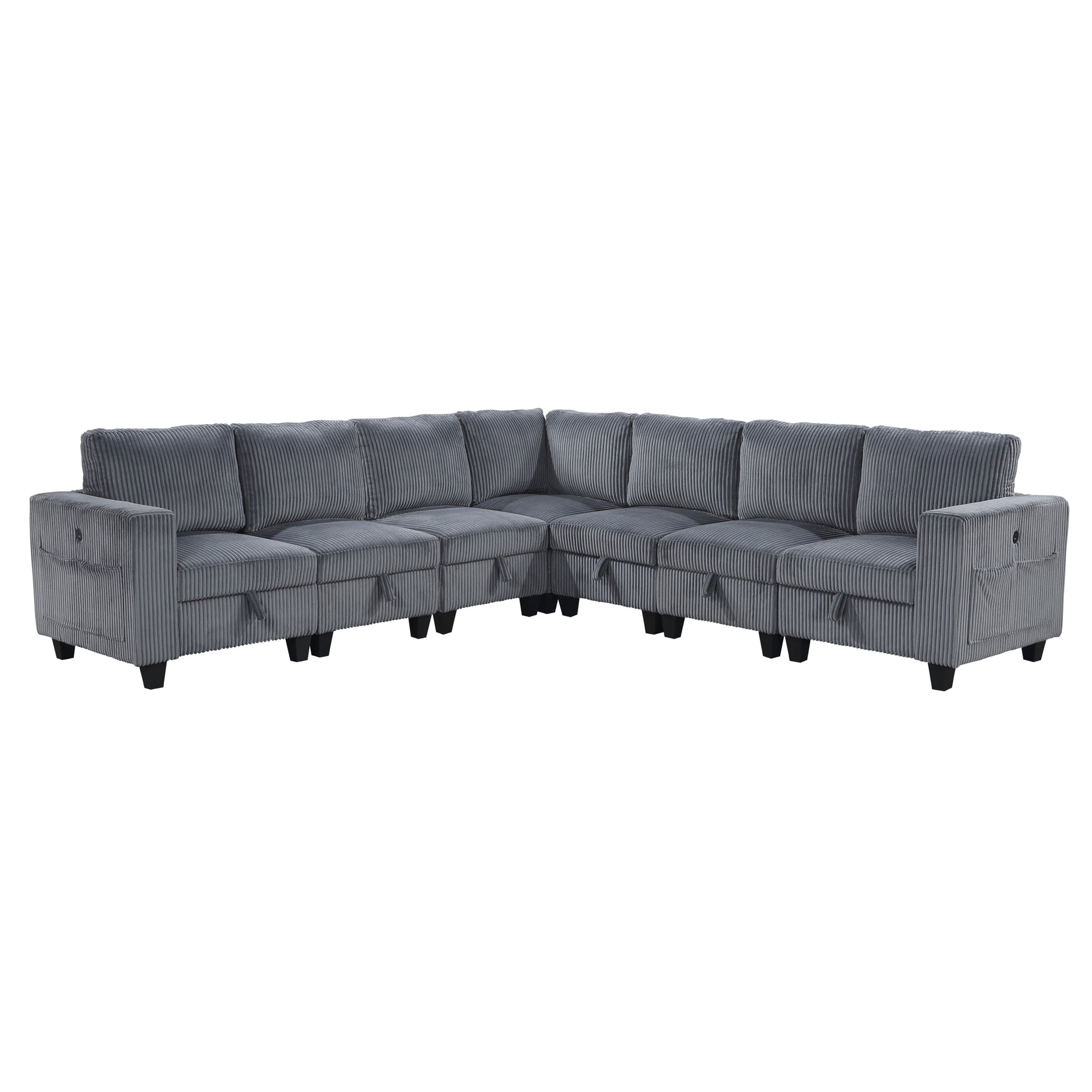 7 Piece Modular Sectional With Storage Seats, Side Pockets, Charging Ports Dark Gray Corduroy Fabric Modern Living Room Sectional Couch Solid Wood Furniture Dark Gray Polyester Wood Primary Living Space Modern Solid Wood 7 Seat