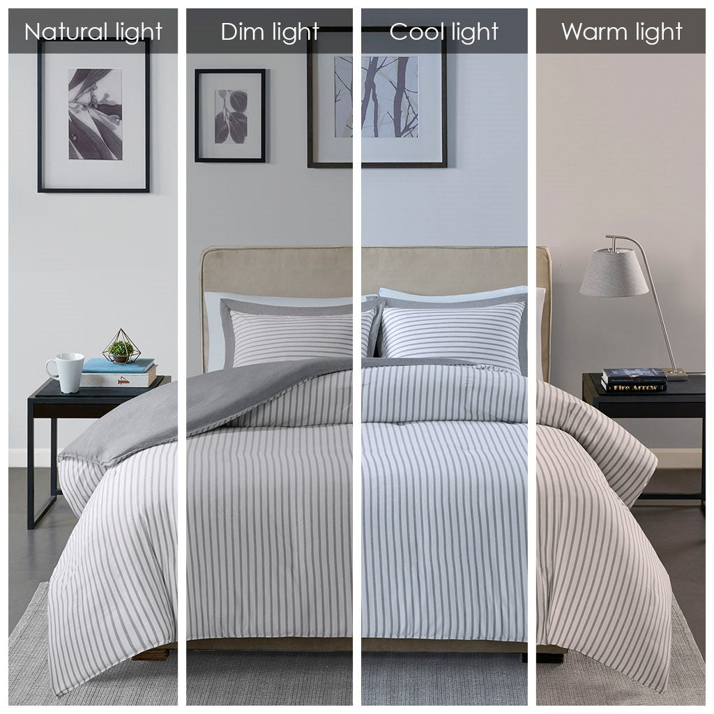 Reversible Yarn Dyed Stripe Down Alternative Comforter Set Queen White Gray Microfiber