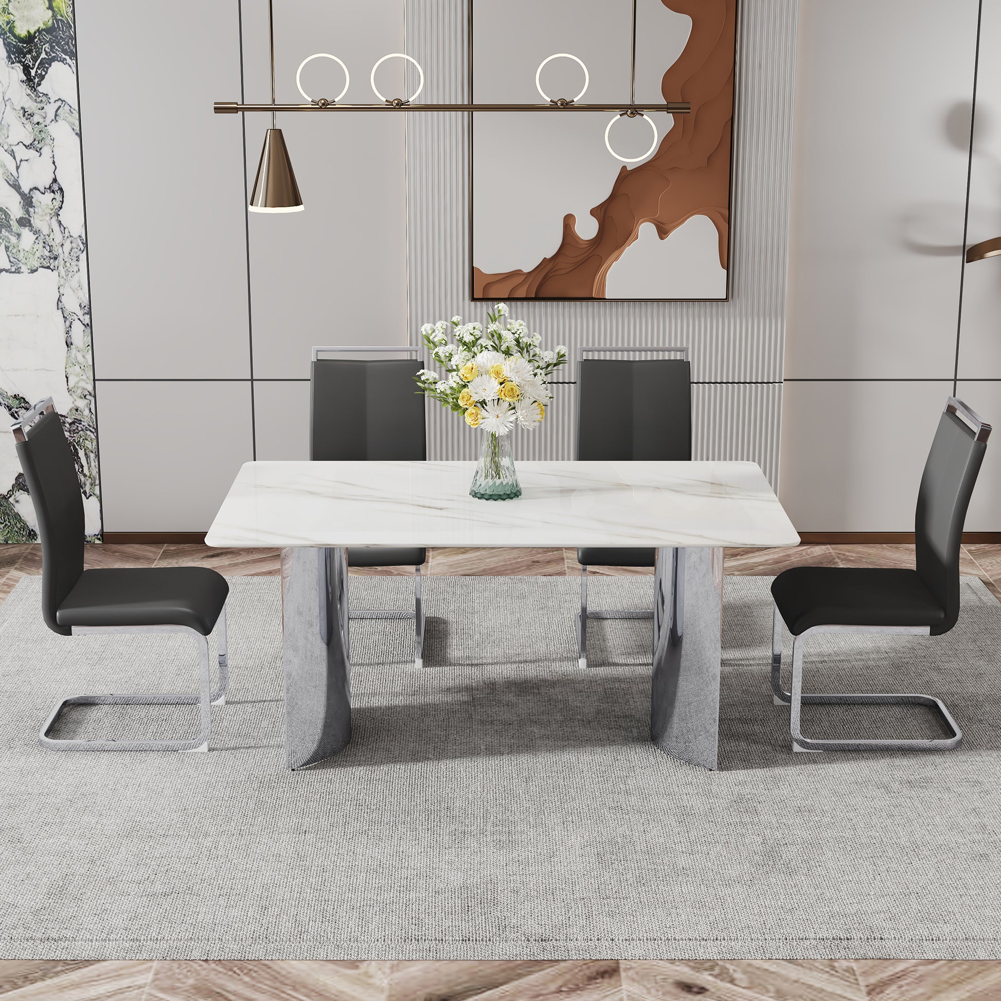 Modern Minimalist Dining Table. Imitation Marble Glass Sticker Desktop, Stainless Steel Legs, Stable And Beautiful. 4 Black Pu Seats. 63 "* 35.4" * 29.5 "Dt 69 C 1162 Silver Glass