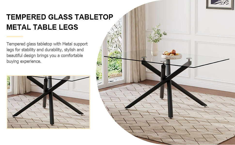 Table And Chair Set.Modern Rectangular Glass Dining Table With 0.39" Tempered Glass Tabletop And Black Metal Legs.Paired With Multiple Chairs Designed With Pu Cushions And Black Metal Legs. Black Grey Seats 6 Tempered Glass