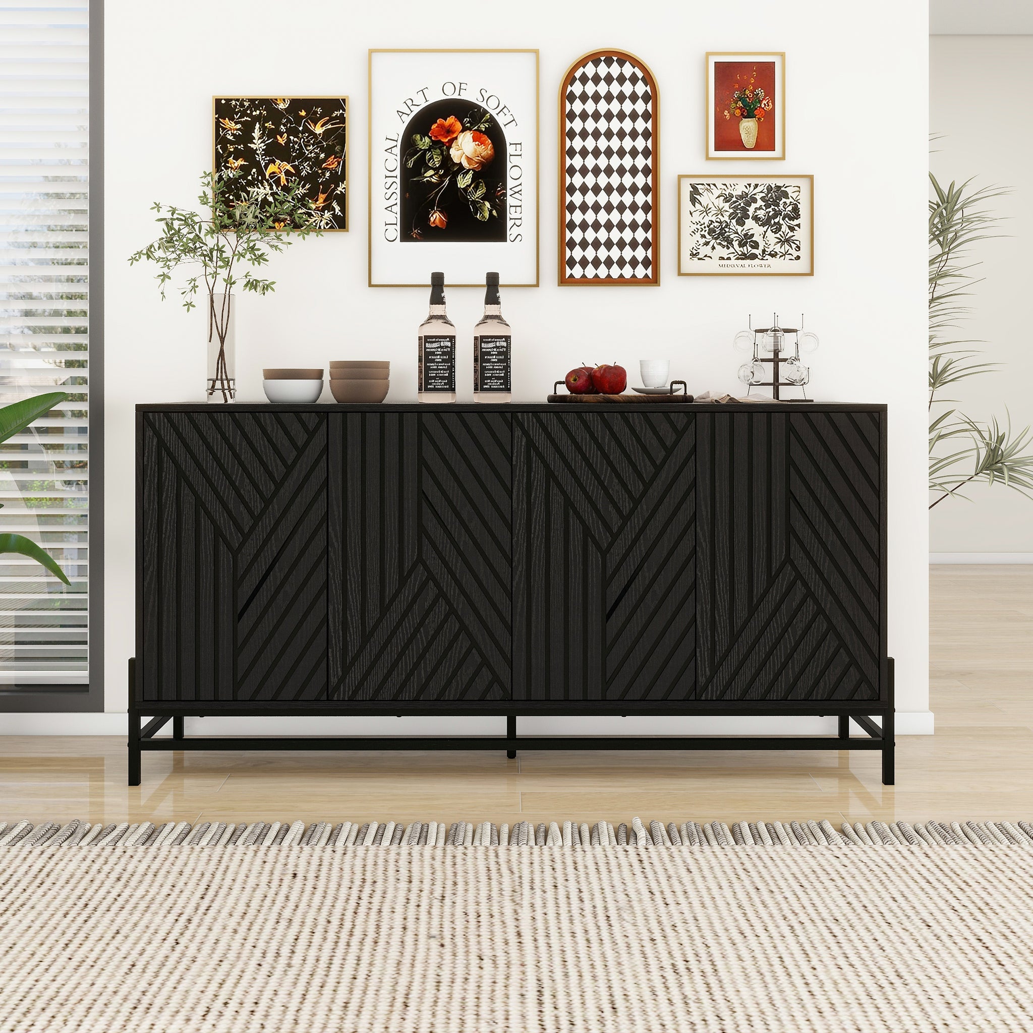 Carved 4 Door Sideboard ,Sideboard Buffet Cabinet With Storage ,Storage Cabinet With Adjustable Shelf For Living Room,Bedroom ,Diningroom Black Modern Mdf