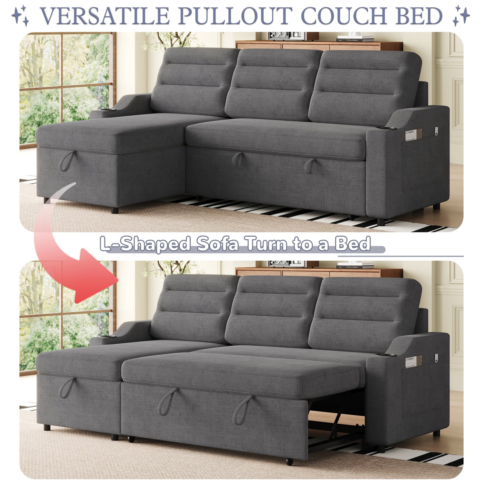 Mh83.5" Convertible Sleeper Combo Sofa, Convertible Sofa Bed Polyester Pullout Bed With Storage Recliner And Cup Holder For Living Room, Tight Spaces Dark Grey Polyester Wood Primary Living Space Pine Foam Fabric 3 Seat