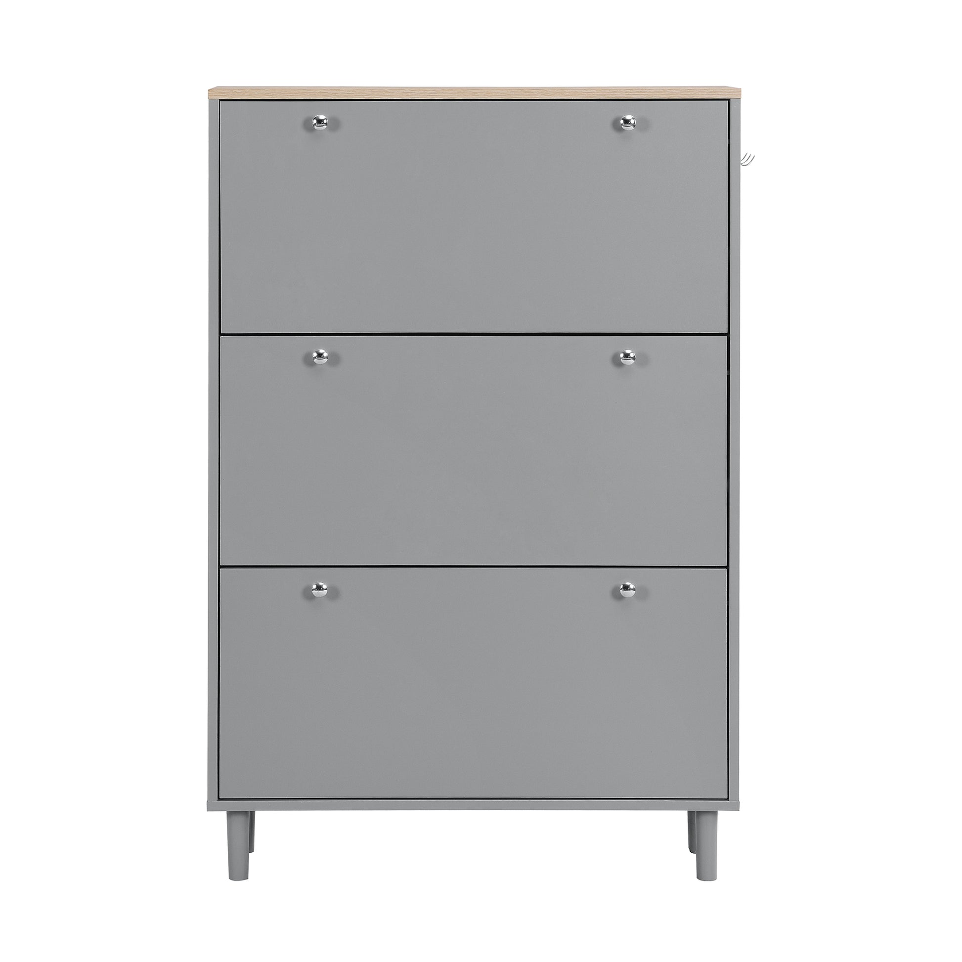 Narrow Design Shoe Cabinet With 3 Flip Drawers, Wood Grain Pattern Top Entryway Organizer With 3 Hooks, Free Standing Shoe Rack With Adjustable Panel For Hallway, Grey Freestanding 3 4 Drawers Grey Primary Living Space Shelves Included Particle Board