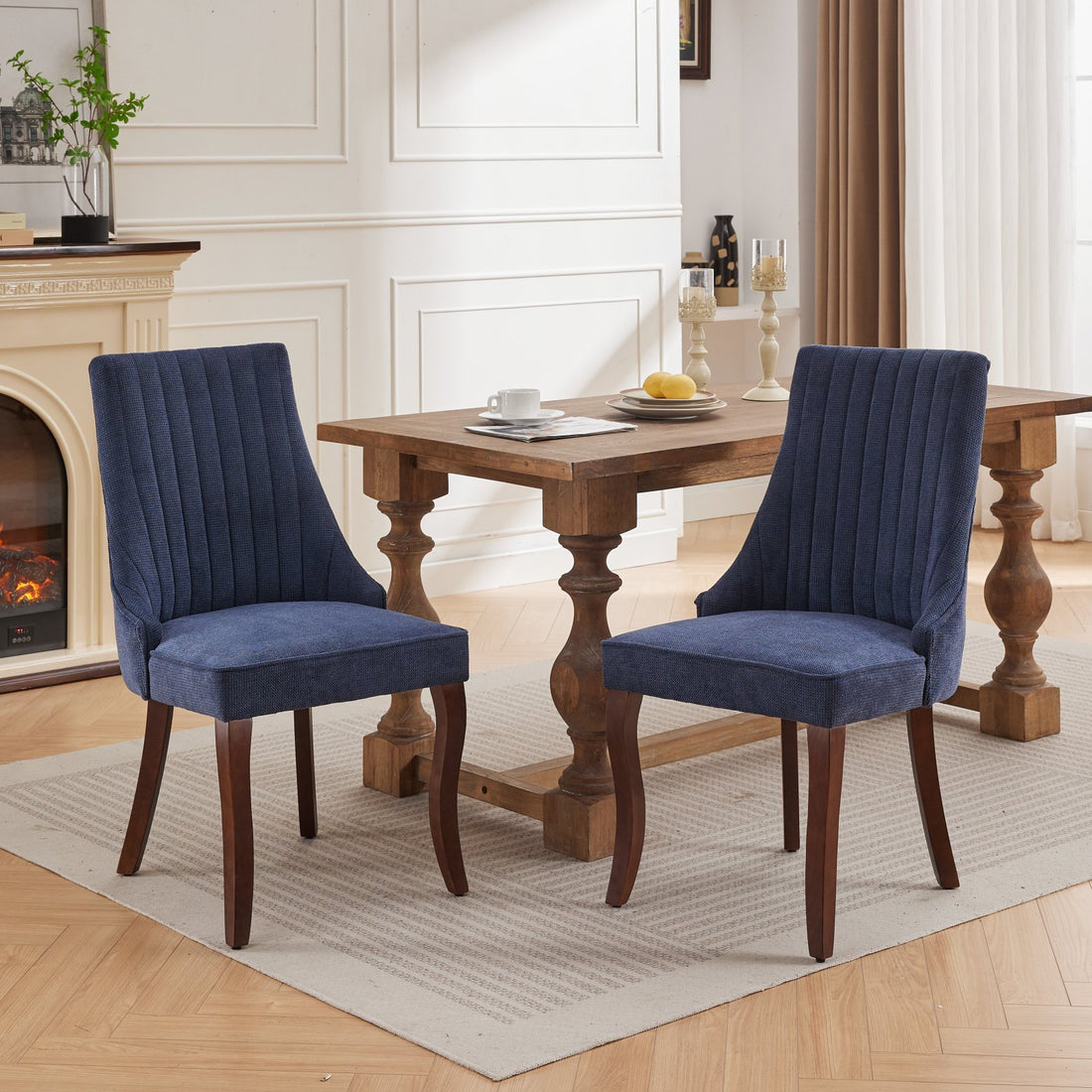 Rayon Cloth Flocking Linen Dining Chairs Channel Kitchen Dinner Chair Comfy Fabric Upholstered Accent Chair For Dining Room With Curved Solid Wood Legs,Set Of 2 Blue , Sw1847Bl Blue Light Brown Dining Room American Design,American Traditional Dining