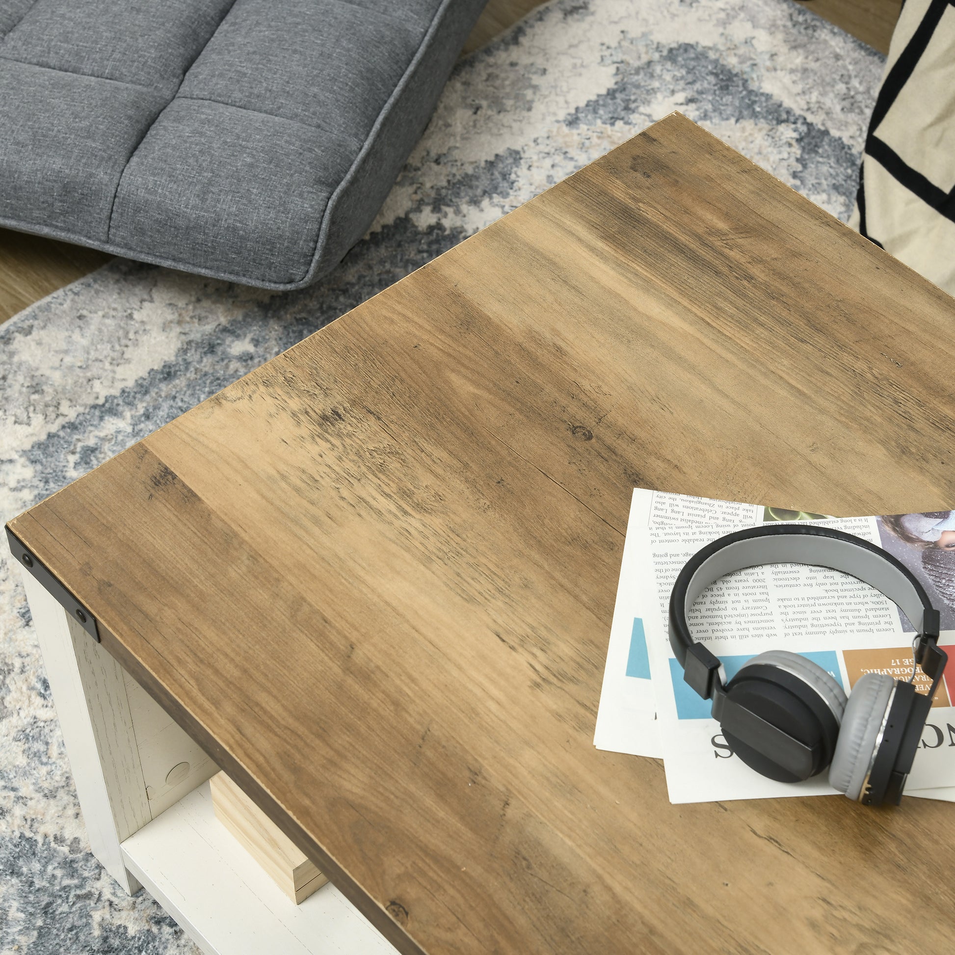 Homcom Farmhouse Coffee Table With Storage And Drawer, Rustic Coffee Table For Living Room, Open Shelf, White White Deep Walnut Particle Board