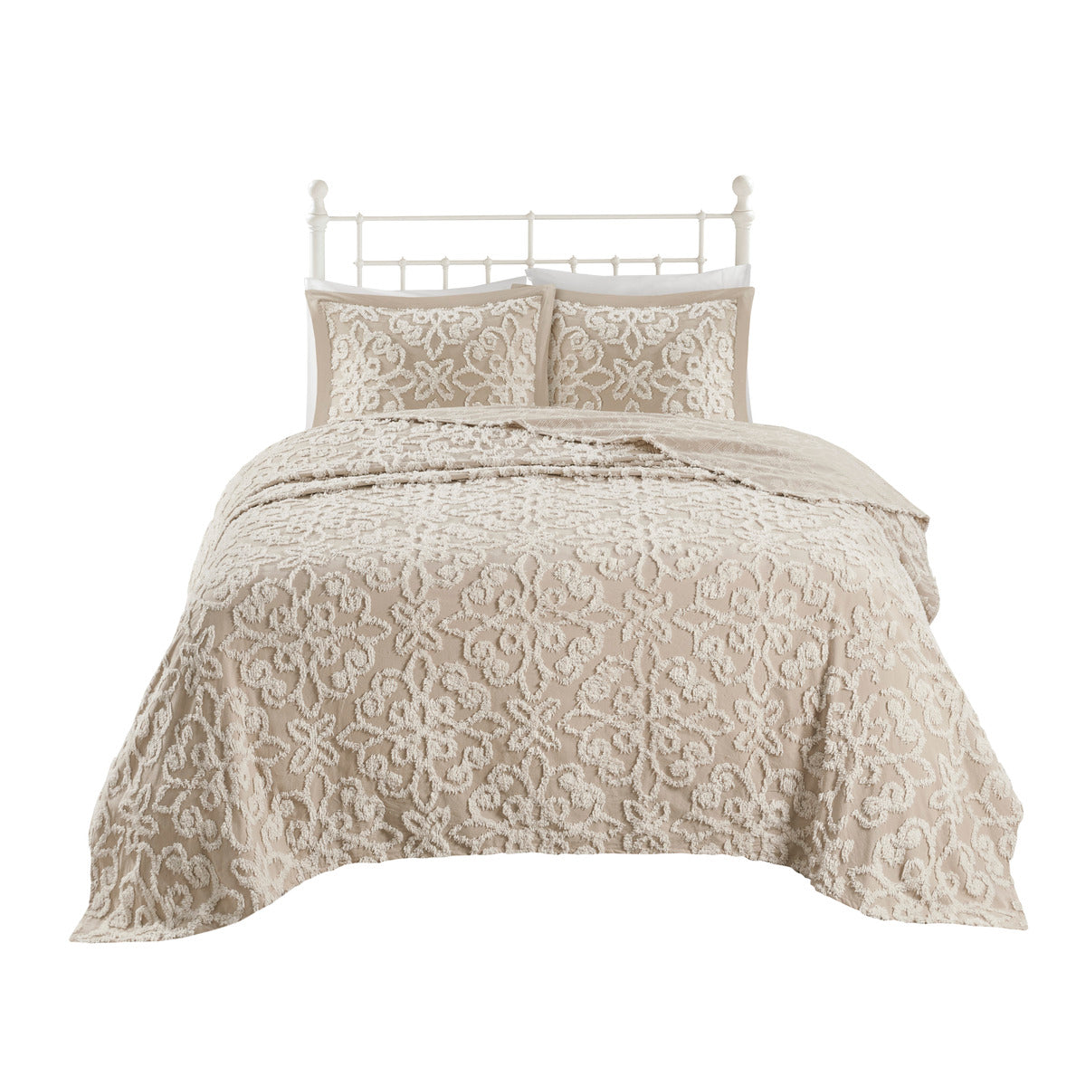 3 Piece Tufted Cotton Bedspread Set Taupe King Cal King Taupe Cotton