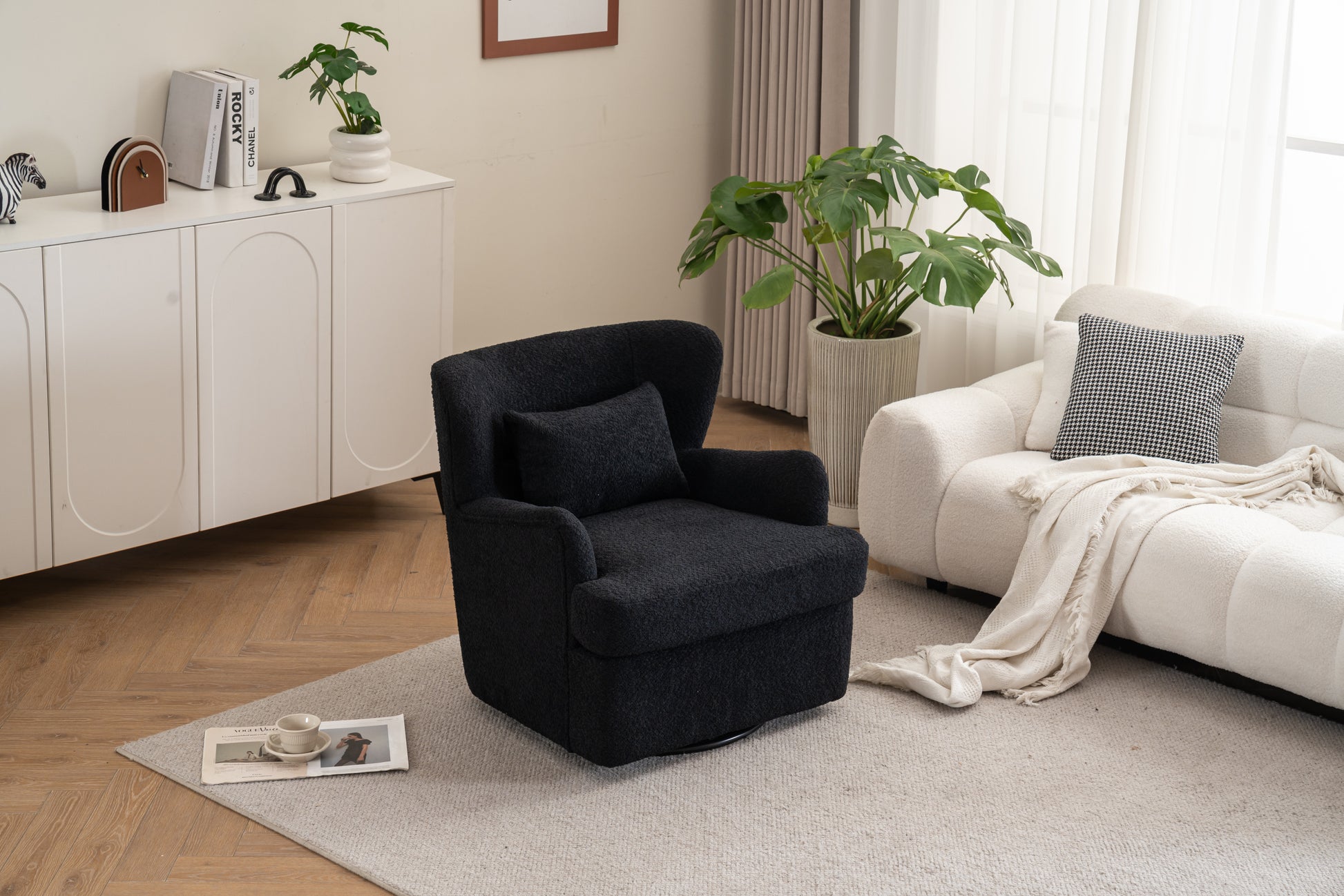 Modern Luxury Velvet Swivel Chair, 360 Swivel Comfort Round Armchair, Single Sofa Chair With Lounge Seat For Bedroom Office Reading Space, Set Of 1 ,Black Black Wood