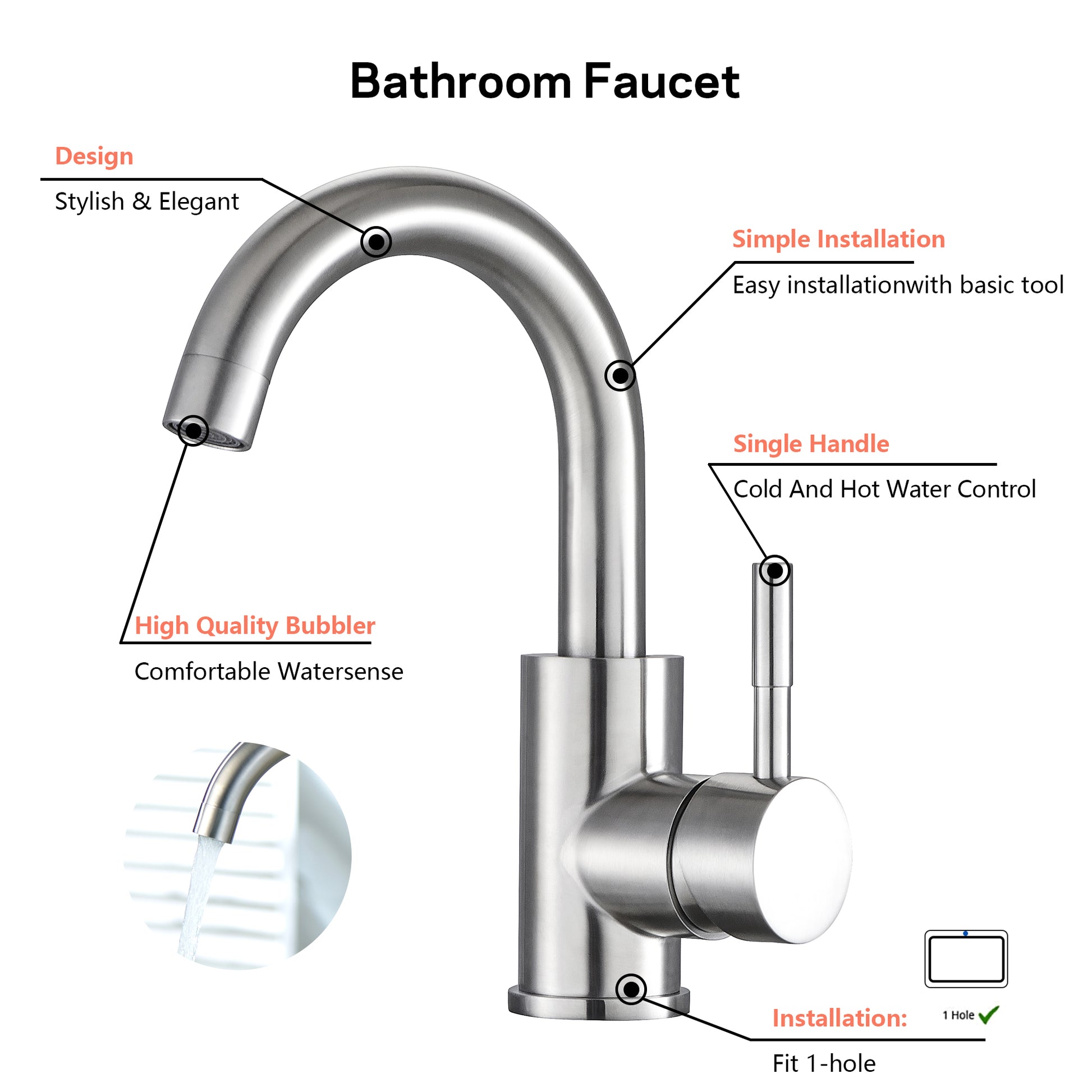 Bathroom Faucet Single Hole Single Handle, Brushed Nickel One Brushed Nickel Deck Mounted Single Hole Faucets Bathroom Nickel 1 Hole Faucets Stainless Steel