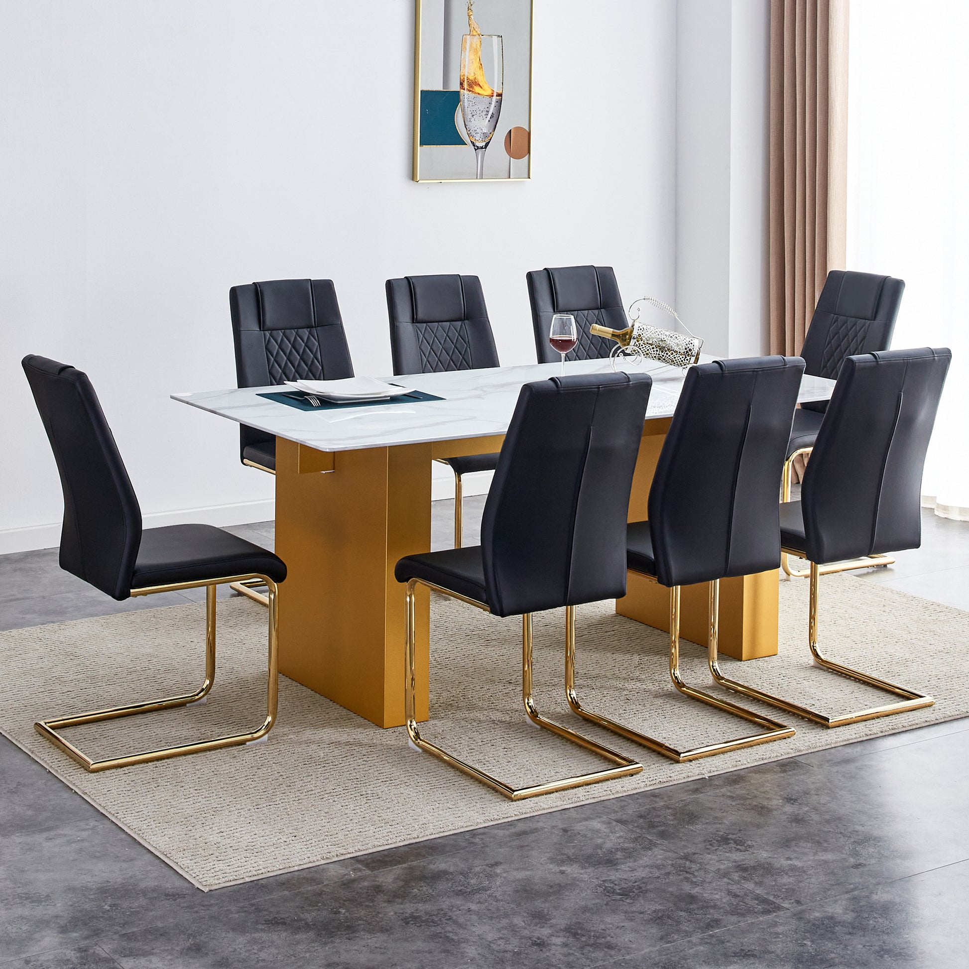 Table And Chair Set.Large Modern Rectangular Table With 0.4 Inch Patterned Glass Tabletop And Large Mdf Table Legs.Comes With 8 Chairs With Faux Leather Cushioned Seats And Golden Metal Legs. Gold White Seats 8 Mdf Glass