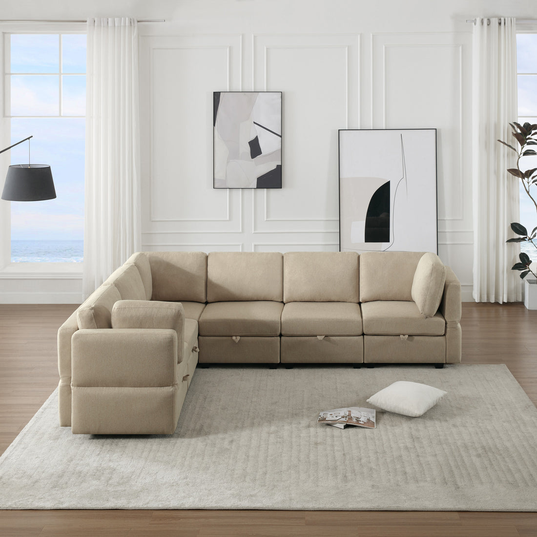 L Shaped Modular Sectional Corner Sofa Couch, 6 Seat Modular Sectional Sofa With Chaise For Living Room, Adjustable Arms And Backs Beige Beige Polyester 6 Seat