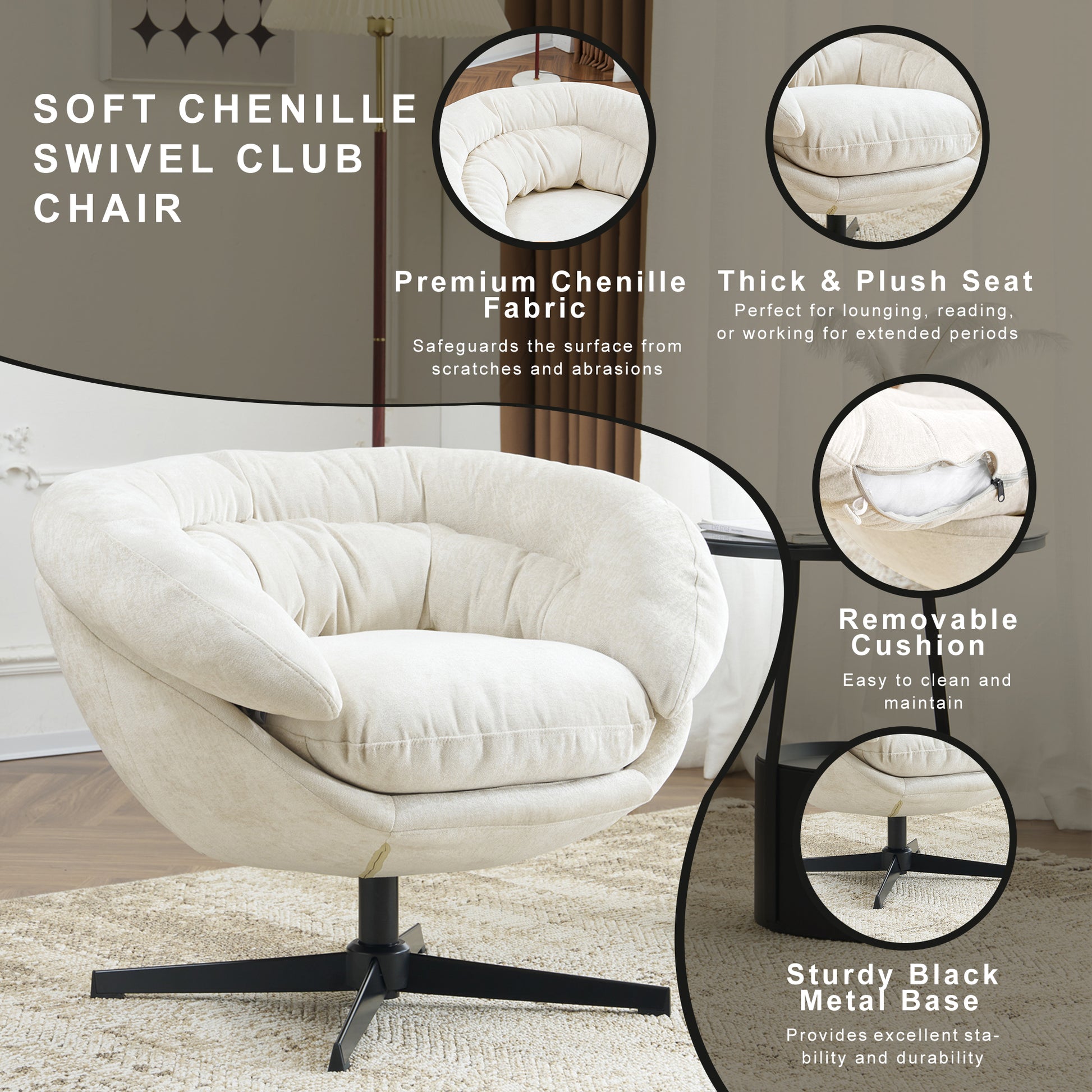 Comfy Chenille Upholstered 360 Swivel Club Chair Accent Chair With Removable Cushion, Round Office Chair With Black Metal Base, Cotton Material, Living Room, Bedroom, Reading Corner, Office Beige