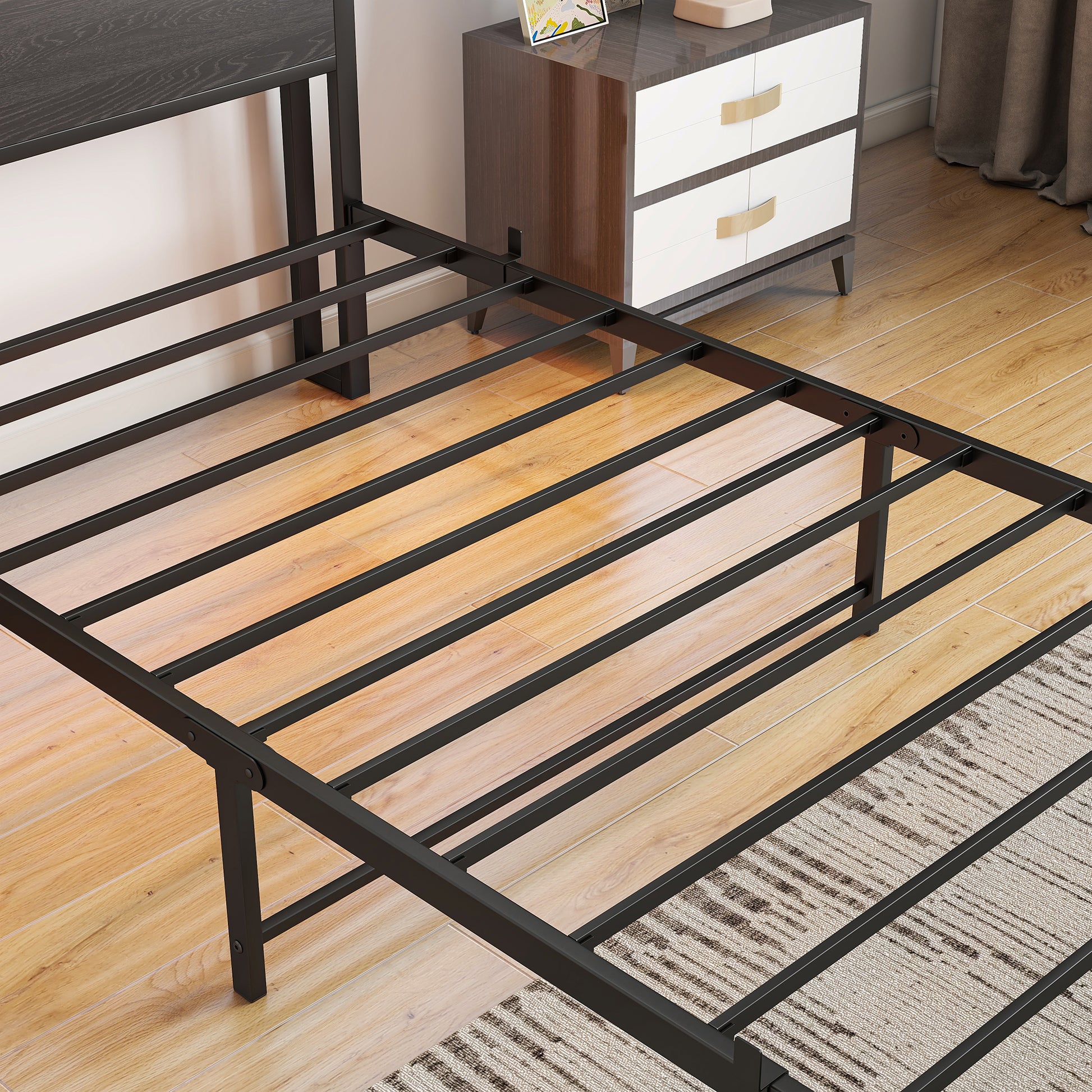 Twin Size Bed Frame With Storage Headboard, Metal Platform Bed With Charging Station, Bookcase Storage, No Box Spring Needed, Easy Assembly Box Spring Not Required Twin Black Brown Iron Brown