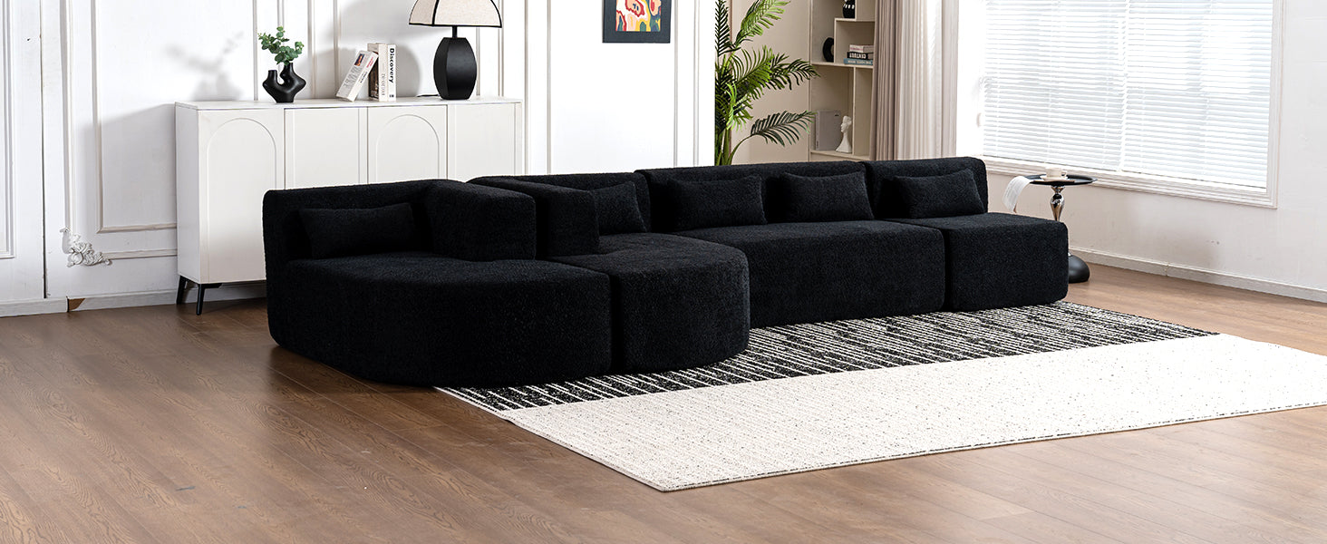 143.7" Upholstered Sofa Free Combined Sofa Couch With Two Chaise Lounge And Five Back Pillows For Living Room, Black Black Foam Polyester 5 Seat