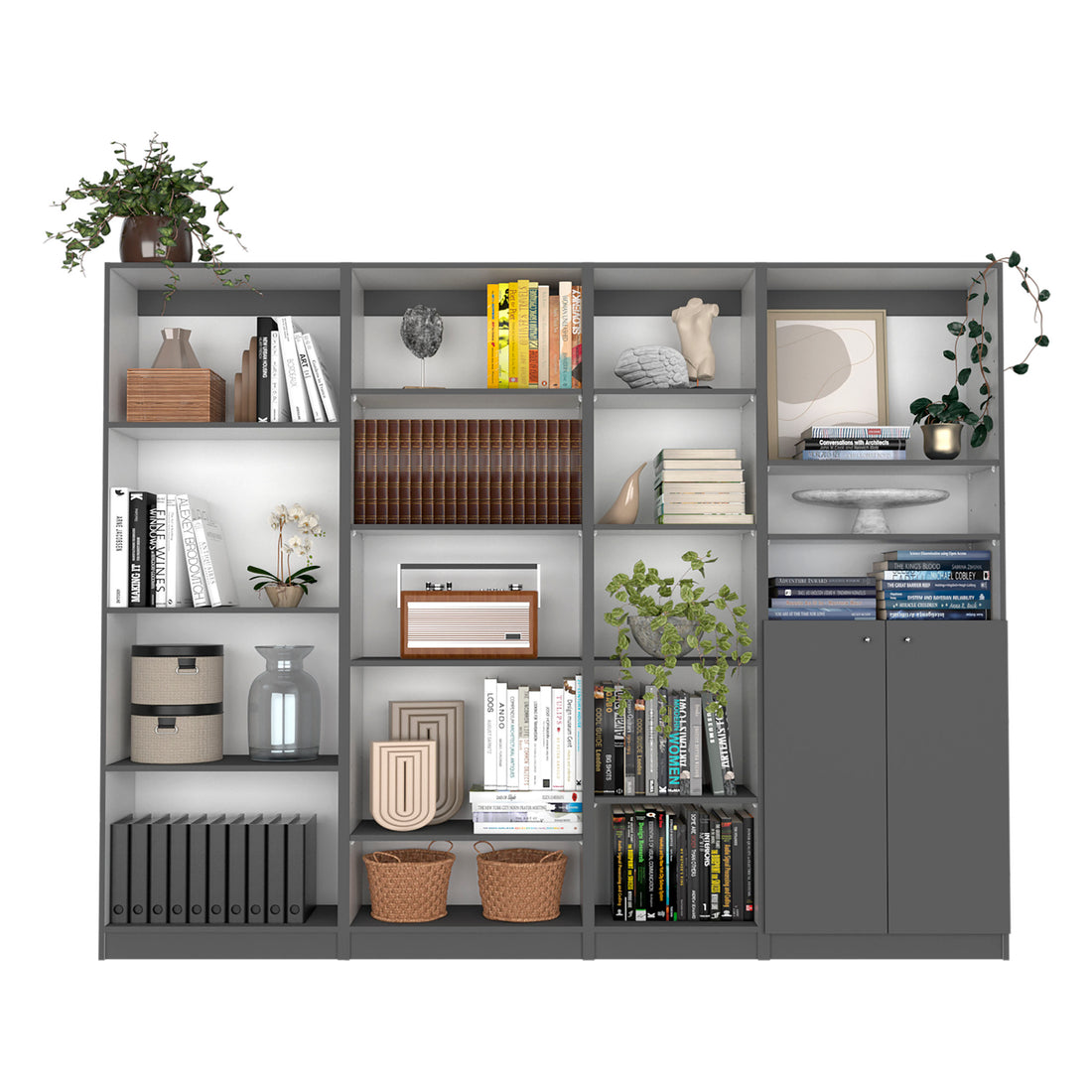 Dupree 4 Piece Home Bookcase Set, 91" Wide With 17 Shelves And A Double Door Cabinetliving Room Set Matt Gray White Freestanding 5 Or More Shelves Matte Multicolor Gray Office Open Storage Space Modern Particle Board