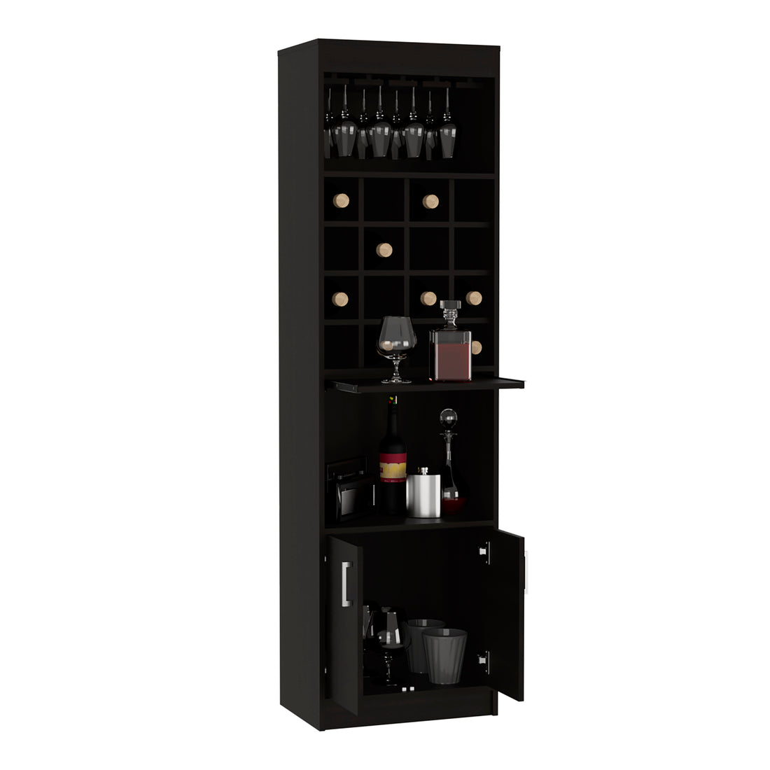 Kava Bar Cabinet, Concealable Serving Tray, Sixteen Built In Wine Rack, One Shelf, Double Door Black Black Particle Board