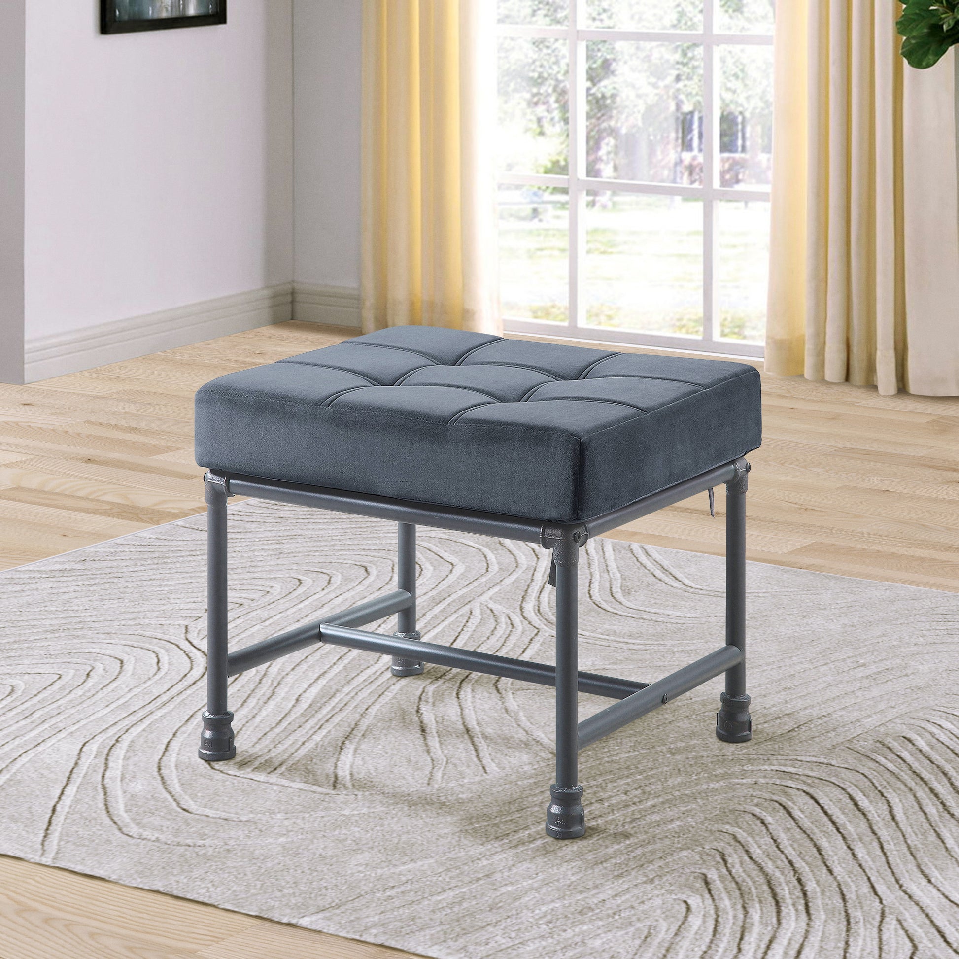 Grey And Sandy Grey Rectangle Ottoman Grey Velvet Primary Living Space Solid Grey Rectangle Fabric Metal