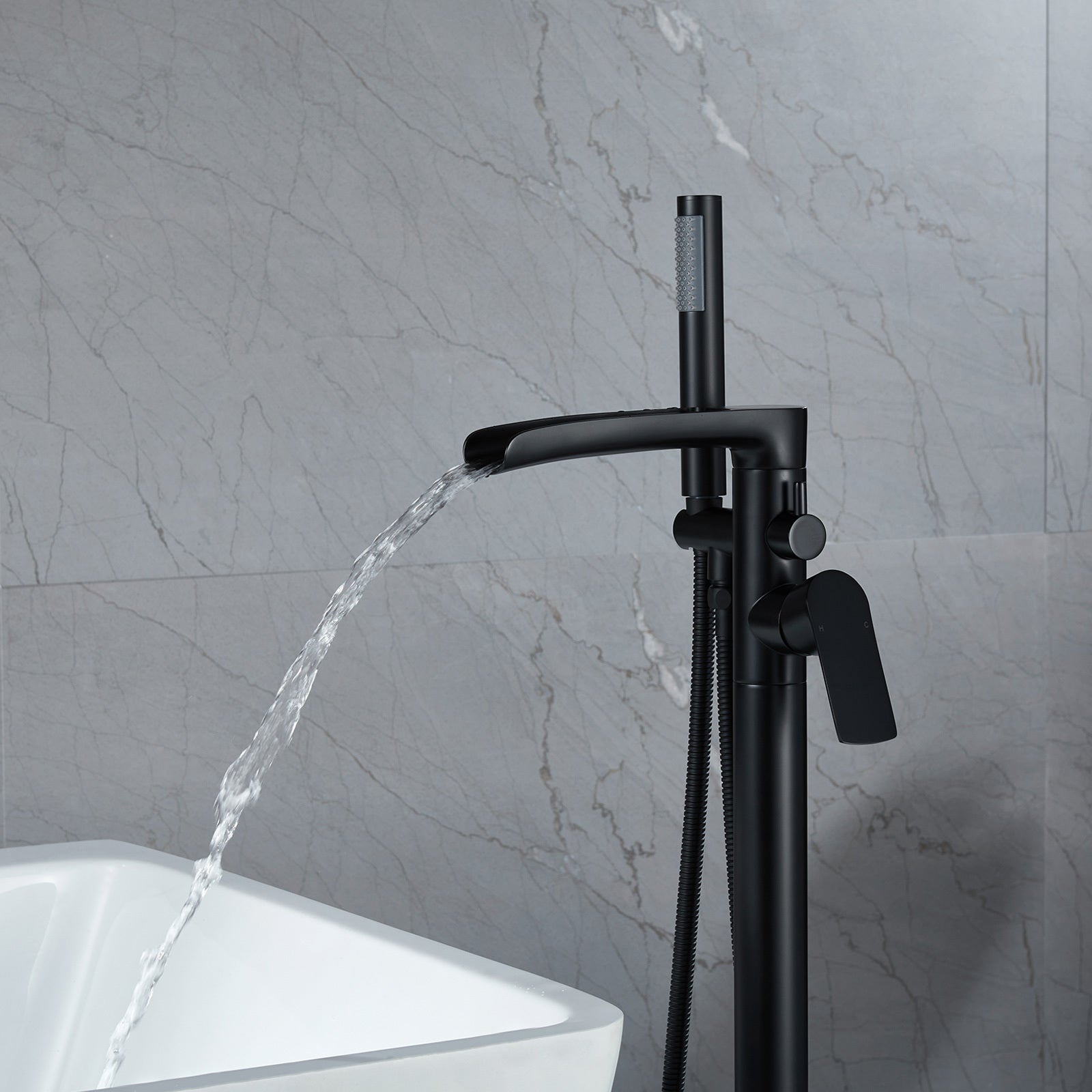 Matte Black Freestanding Floor Mount Bathtub Filler With Single Handle And Hand Shower Matte Black Brass