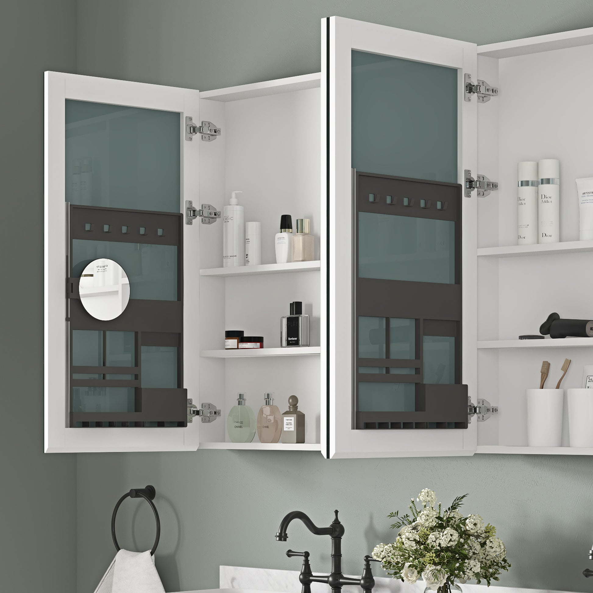 72'' W X 36'' H Bathroom Mirror Medicine Cabinet Wooden Door Medicine Cabinets For Bathroom, Wall Mounted Recessed Or Surface, Bathroom Mirror With Storage White Engineered Wood