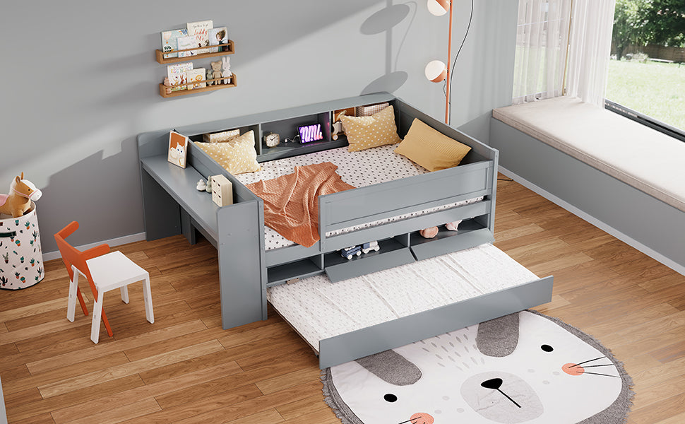 Multi Functional Twin Daybed With Drawers And Trundle, Headboard Storage And Tables, Usb Charging Station, Gray Box Spring Not Required Twin Gray Wood Daybeds Pine