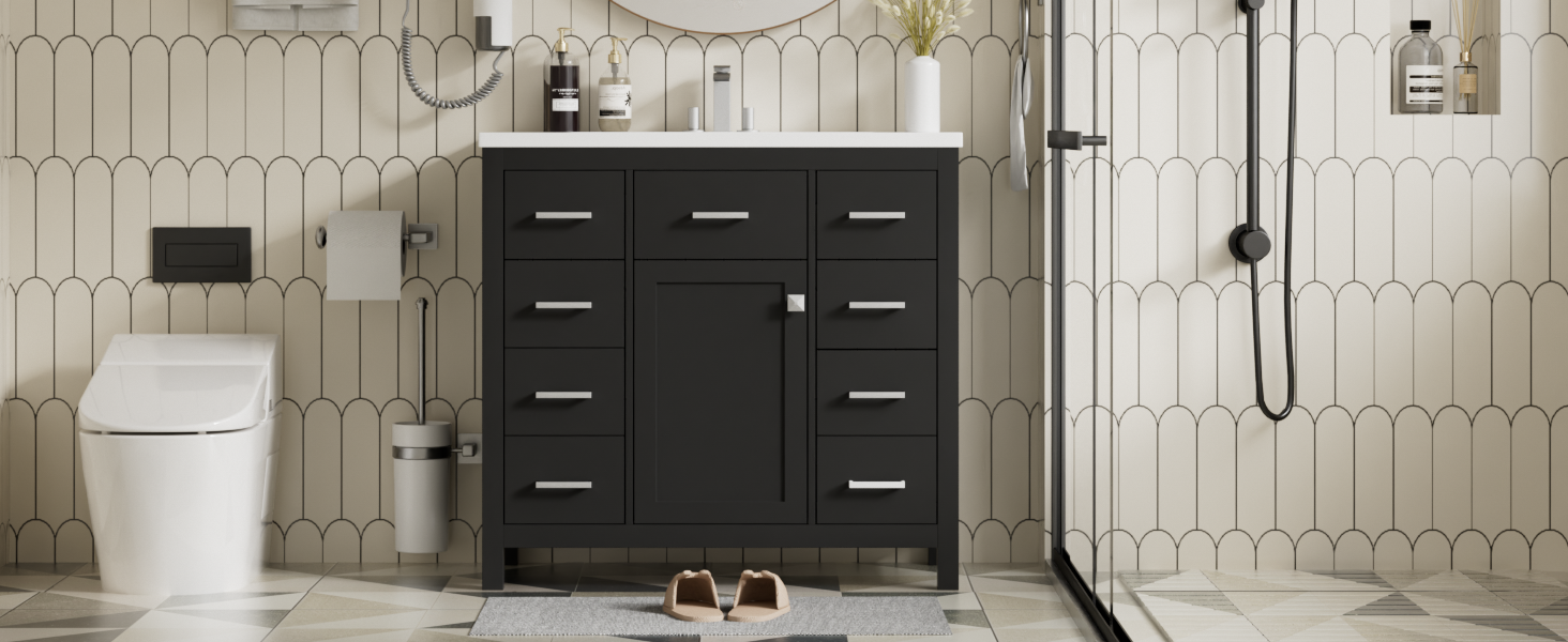 36 Inch Modern Bathroom Vanity Cabinet With Multifunctional Storage Space 5 Drawers And 1 Door Black Bathroom Solid Wood Mdf Resin