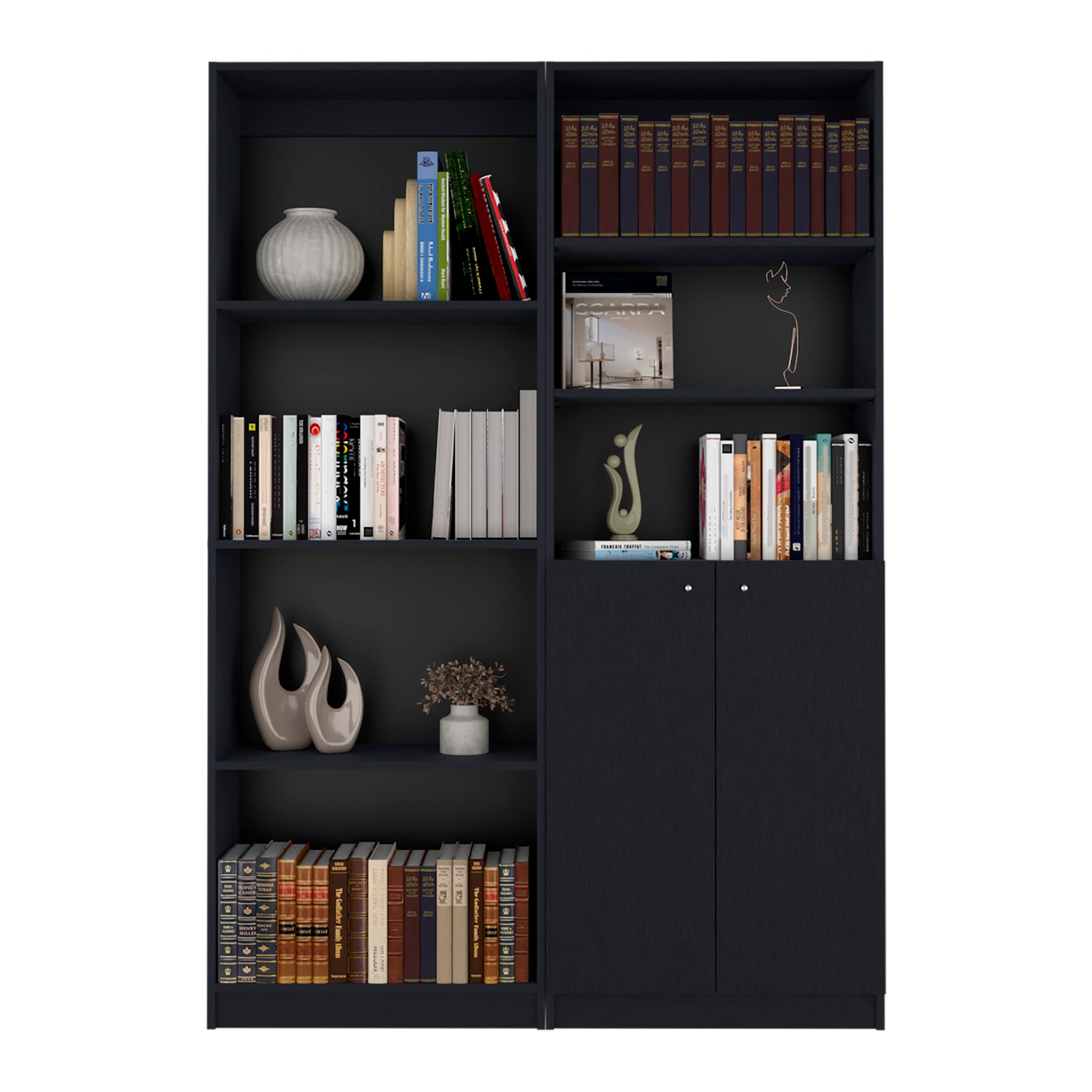 Dupree 2 Piece Home Bookcase Set, 49" Wide With 9 Shelvesliving Room Black Freestanding Black Office Adjustable Shelves Modern Particle Board