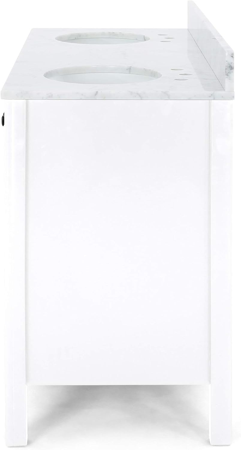 73'' Bathroom Vanity With Marble Top & Double Ceramic Sinks, 4 Doors, 6 Drawers, White White Plywood