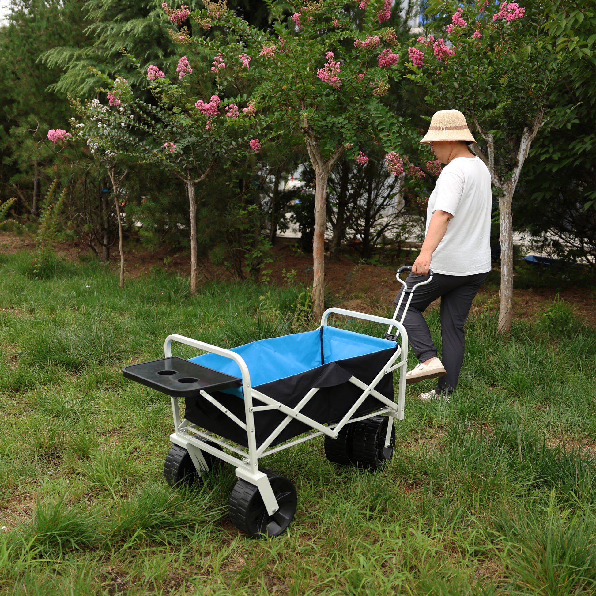 Folding Wagon Garden Shopping Beach Cart White White Black Blue Iron,Oxford Fabric