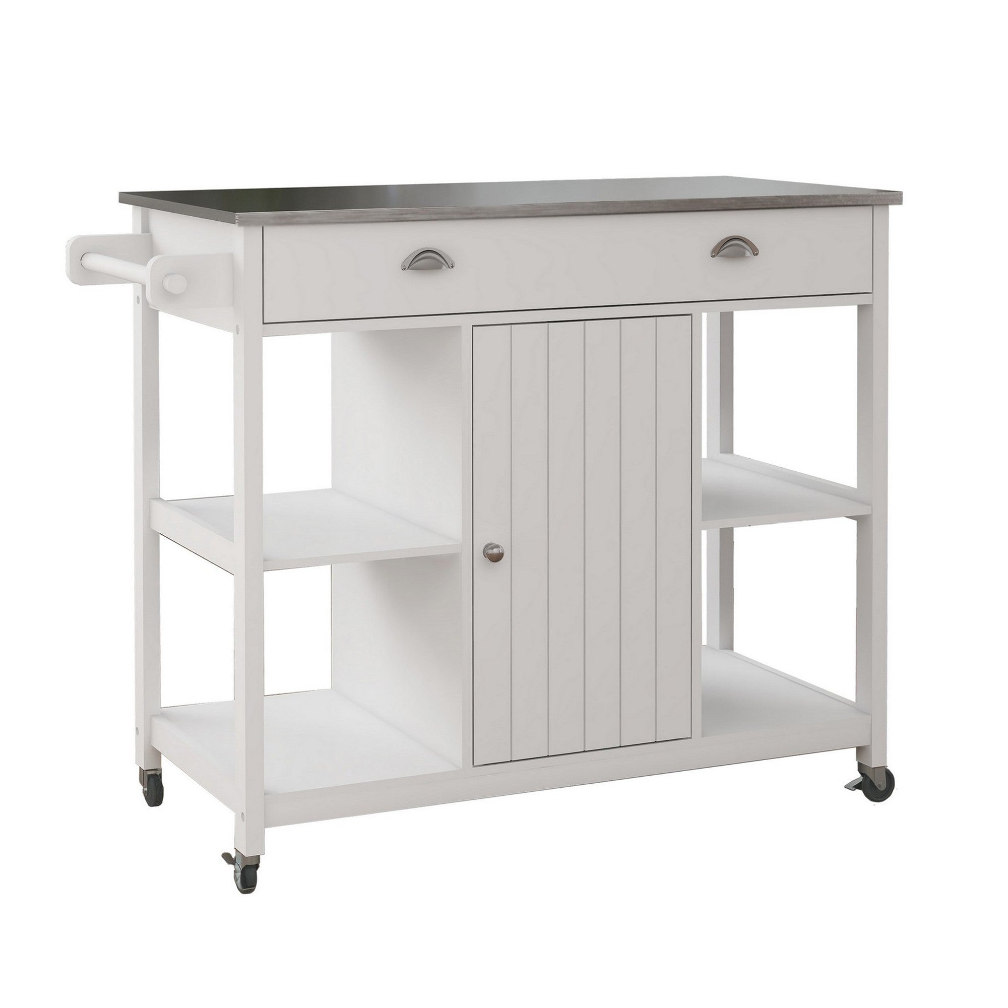 40 Inch Rolling Kitchen Cart, Open Shelves, Stainless Steel Surface, White White Gray Mdf