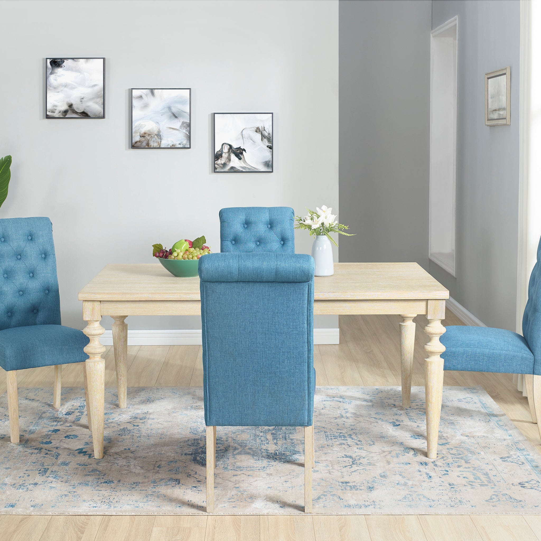 Amonia 5 Piece Dining Set, Turned Leg Dining Table With 4 Tufted Chairs Light Brown Wood Dining Room Fixed Table Rubberwood Rectangular Dining Table With Chair Wood Wood Blue Brown Seats 4 Rectangular 4 Leg Mdf