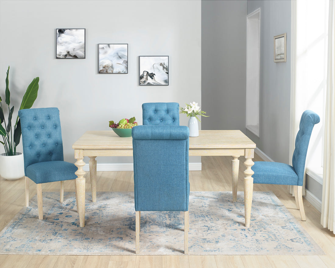 Amonia 5 Piece Dining Set, Turned Leg Dining Table With 4 Tufted Chairs Light Brown Wood Dining Room Fixed Table Rubberwood Rectangular Dining Table With Chair Wood Wood Blue Brown Seats 4 Rectangular 4 Leg Mdf