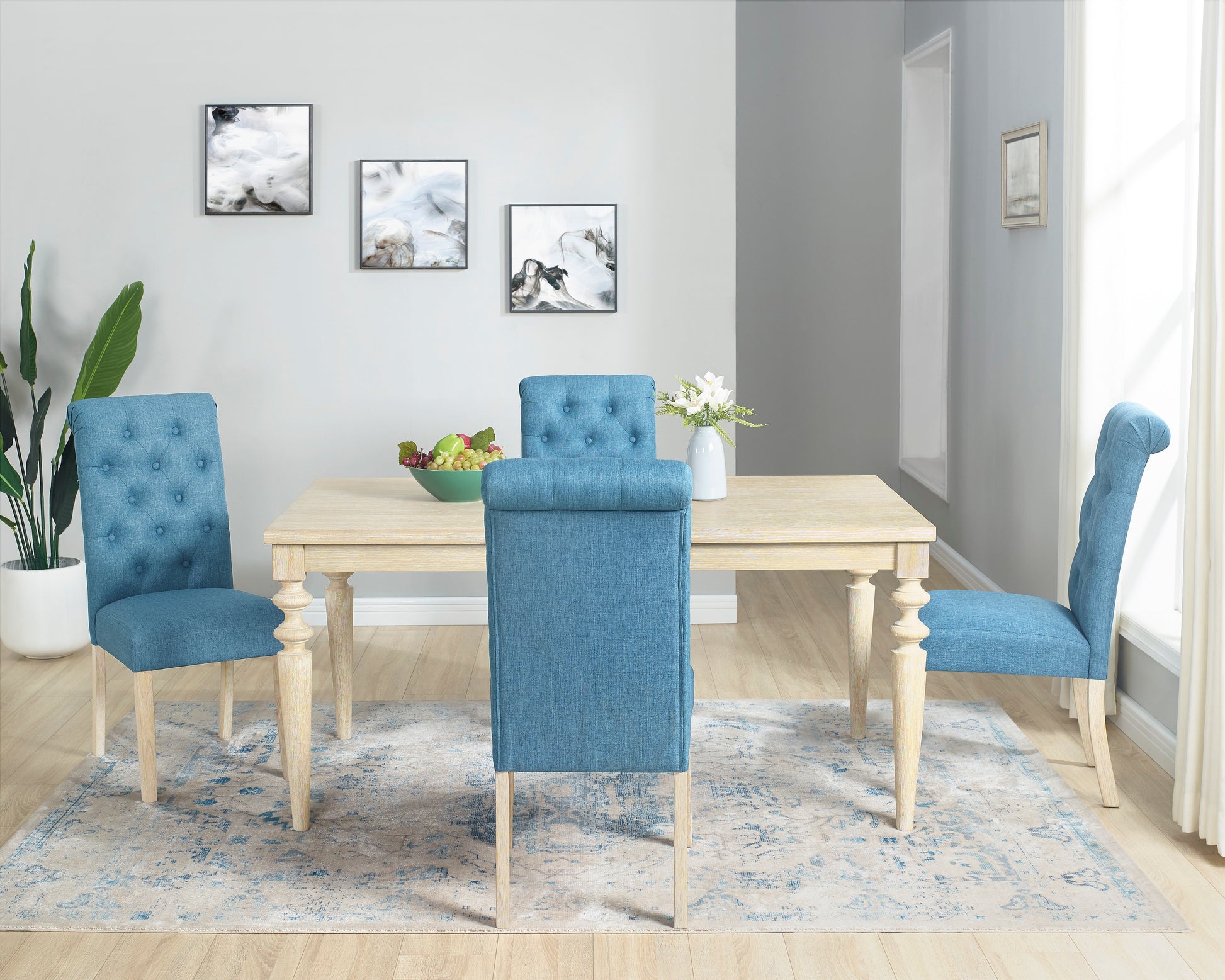 Amonia 5 Piece Dining Set, Turned Leg Dining Table With 4 Tufted Chairs Light Brown Wood Dining Room Fixed Table Rubberwood Rectangular Dining Table With Chair Wood Wood Blue Brown Seats 4 Rectangular 4 Leg Mdf