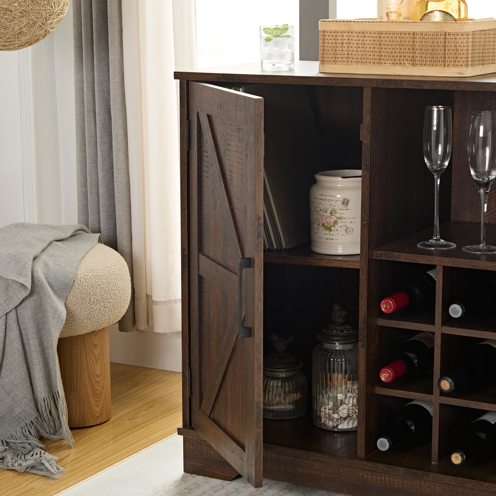 Wine Bar Cabinet For Liquor And Glasses, Farmhouse Coffee Bar, Cabinet With Wine Rack Barn Door Buffet Sideboard Cabinet With Drawer, Adjustable Storage Shelves, 31.5"*15.75"*31.5" Espresso Espresso