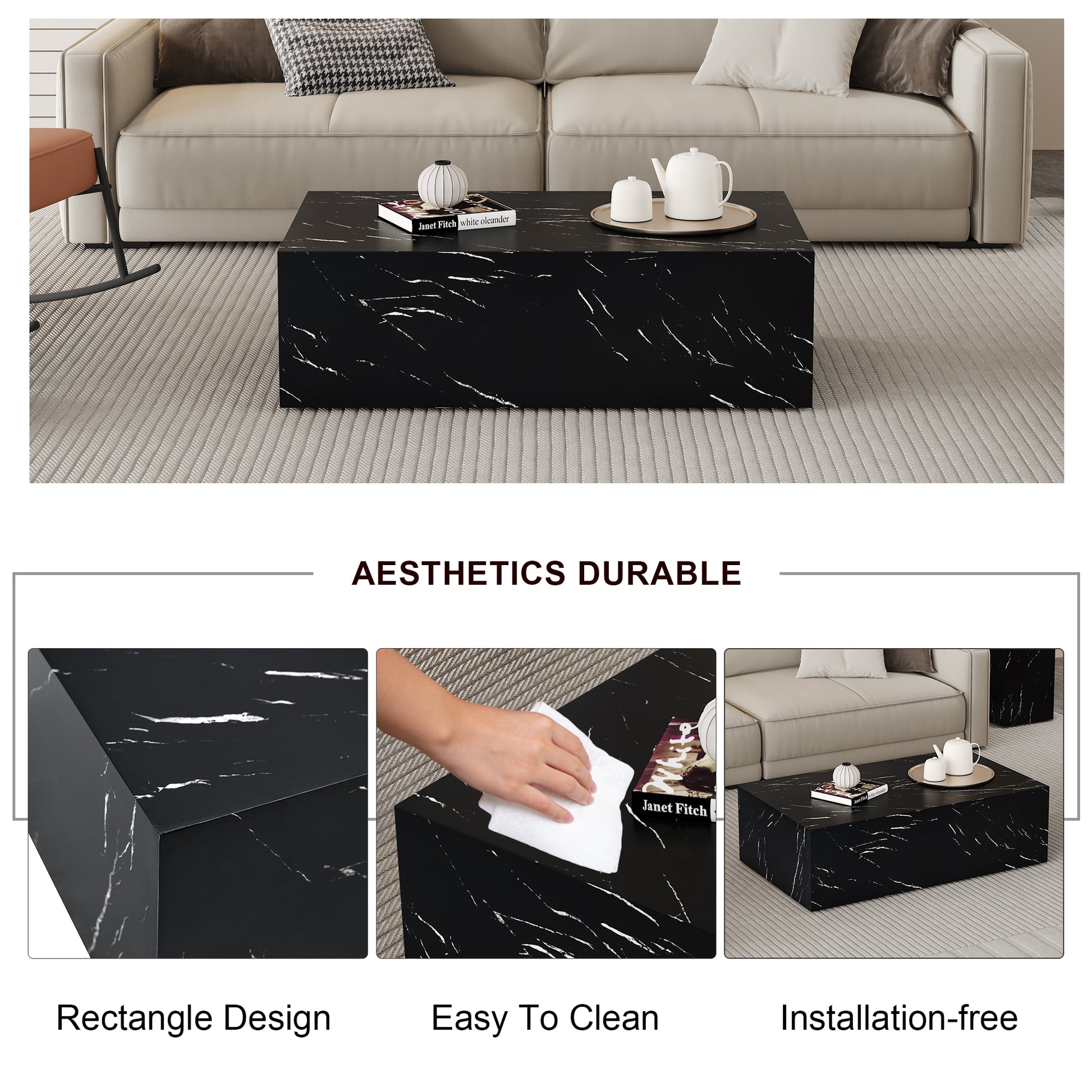 Enhance Your Living Space With This Modern Mdf Coffee Table Featuring A Sleek Black Texture Pattern. Measuring 39.3X23.6X11.8 Inches, It Boasts A Stylish And Durable Design. Black Mdf