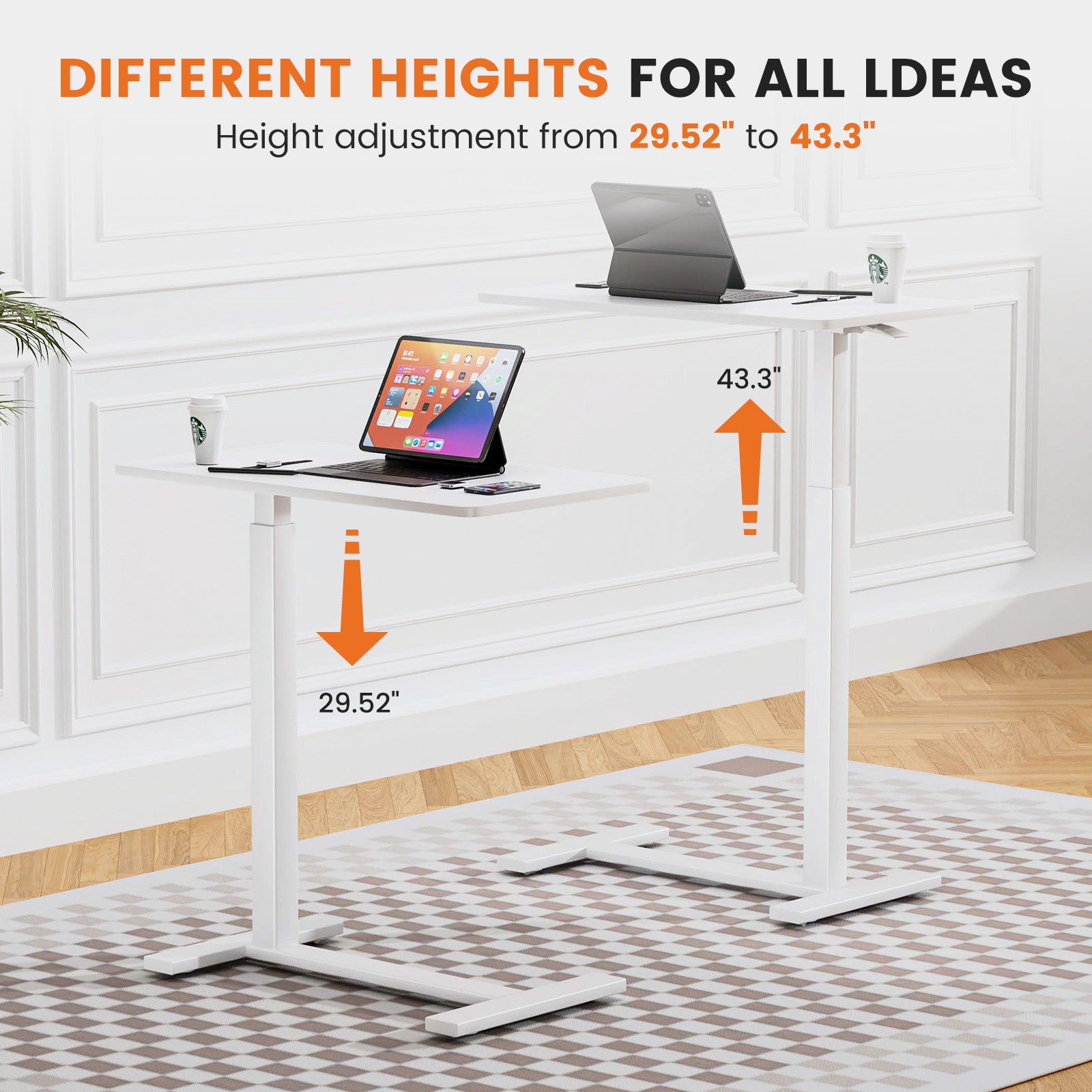 Adjustable Mobile Bed Desk, Computer Desk, Mobile Standing Desk, Lifting Desk, Desk, White White Metal & Wood