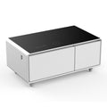 Modern Smart Coffee Table With Built In Fridge, Bluetooth Speaker, Wireless Charging, Touch Control Panel, Usb Ports, Outlet Protection, Atmosphere Light, White White Built In Outlets Or Usb Primary Living Space Freestanding Rectangular Drawers Coffee &