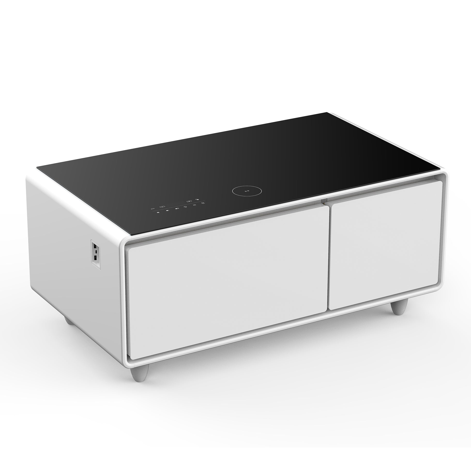 Modern Smart Coffee Table With Built In Fridge, Bluetooth Speaker, Wireless Charging, Touch Control Panel, Usb Ports, Outlet Protection, Atmosphere Light, White White Built In Outlets Or Usb Primary Living Space Freestanding Rectangular Drawers Coffee &