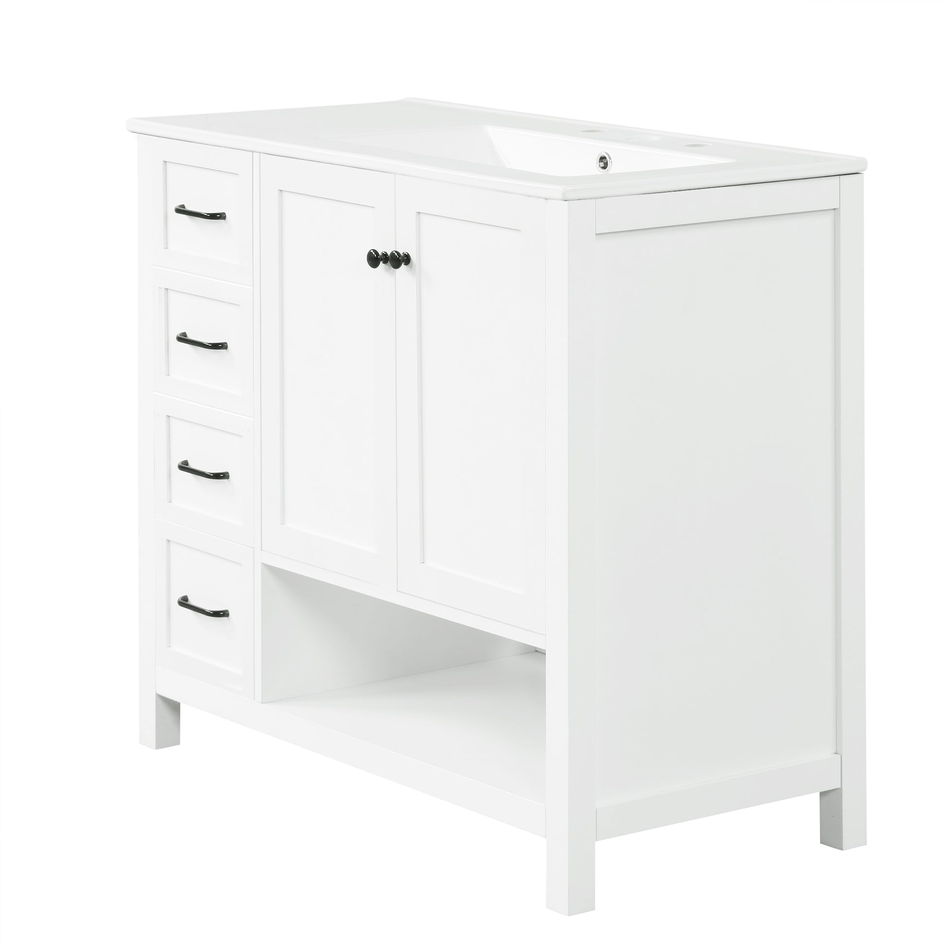 36" Bathroom Vanity With Sink Top, Bathroom Vanity Cabinet With Two Doors And Two Drawers, Solid Wood, Open Shelf, Mdf Boards, One Package, White White Solid Wood Mdf