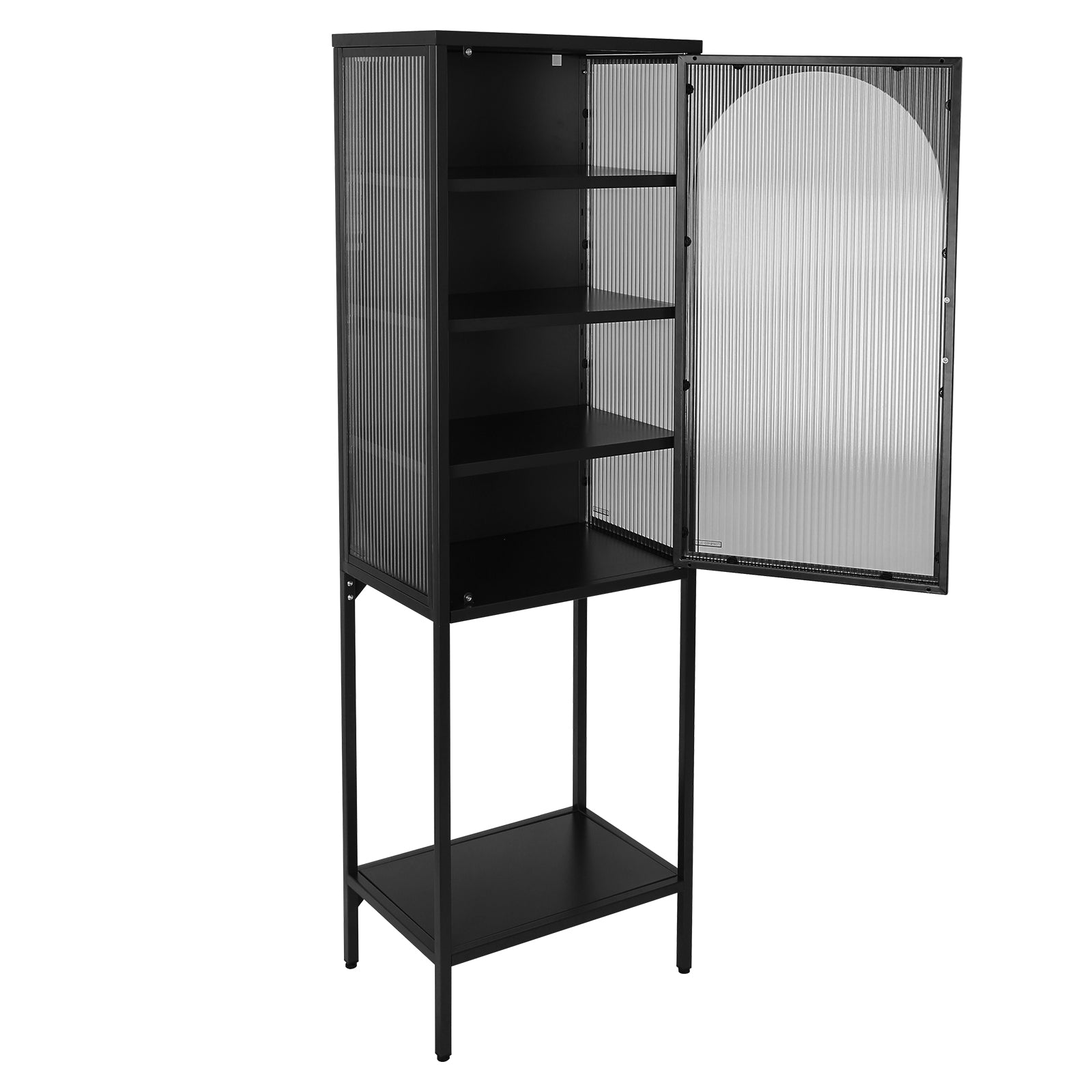 Stylish Tempered Glass High Cabinet With Arched Door Adjustable Shelves And Feet Anti Tip Dust Free Fluted Glass Kitchen Credenza Black Black Tempered Glass Sheet Metal Plastic