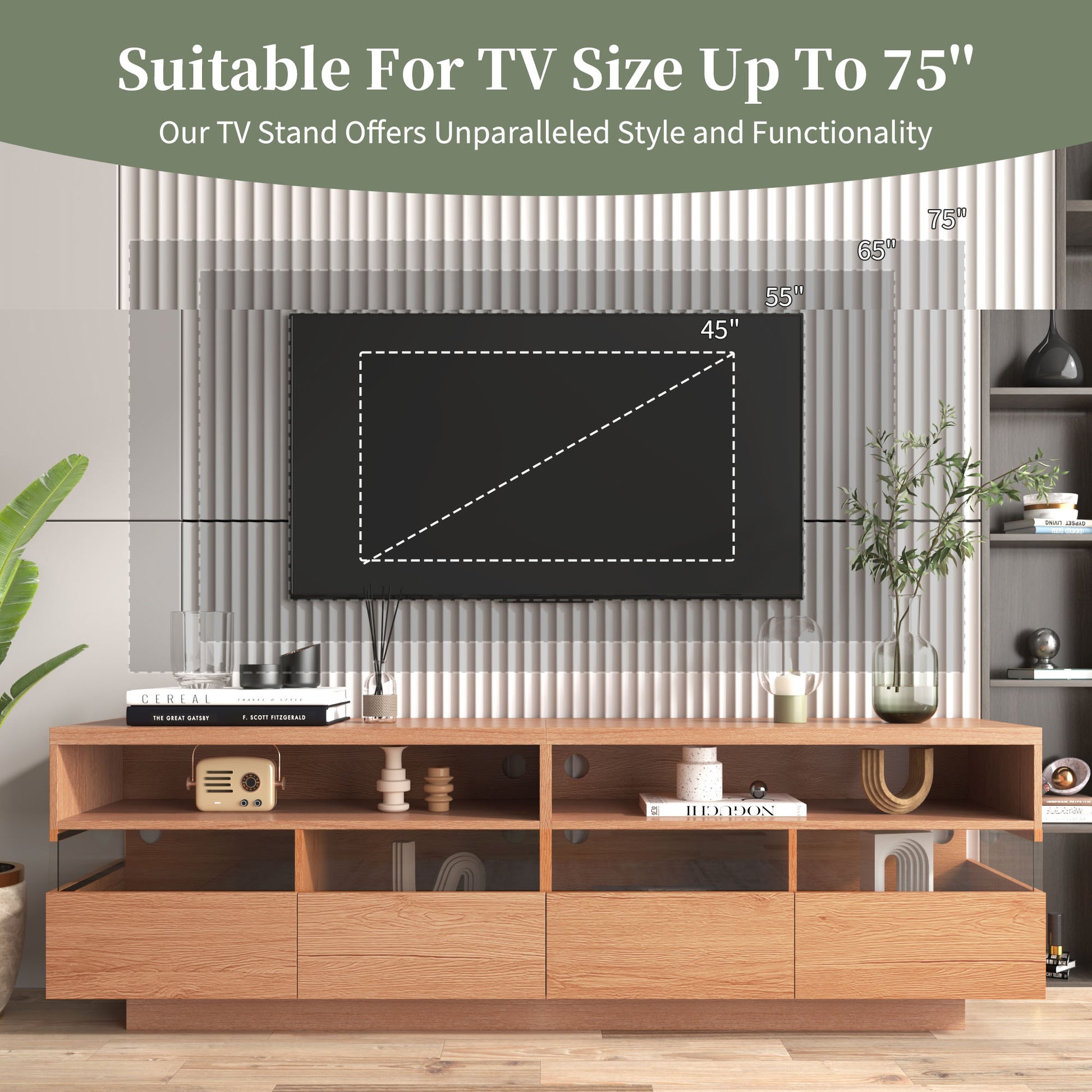 Modern Tv With 4 Drawers& 2 Open Cabinets, Media Console Table For Tvs Up To 75'', Entertainment Center With Acrylic Transparent Storage Space For Living Room, Bedroom, Home Theatre Wood Red Primary Living Space 70 Inches 60 69 Inches 70 Inches Particle