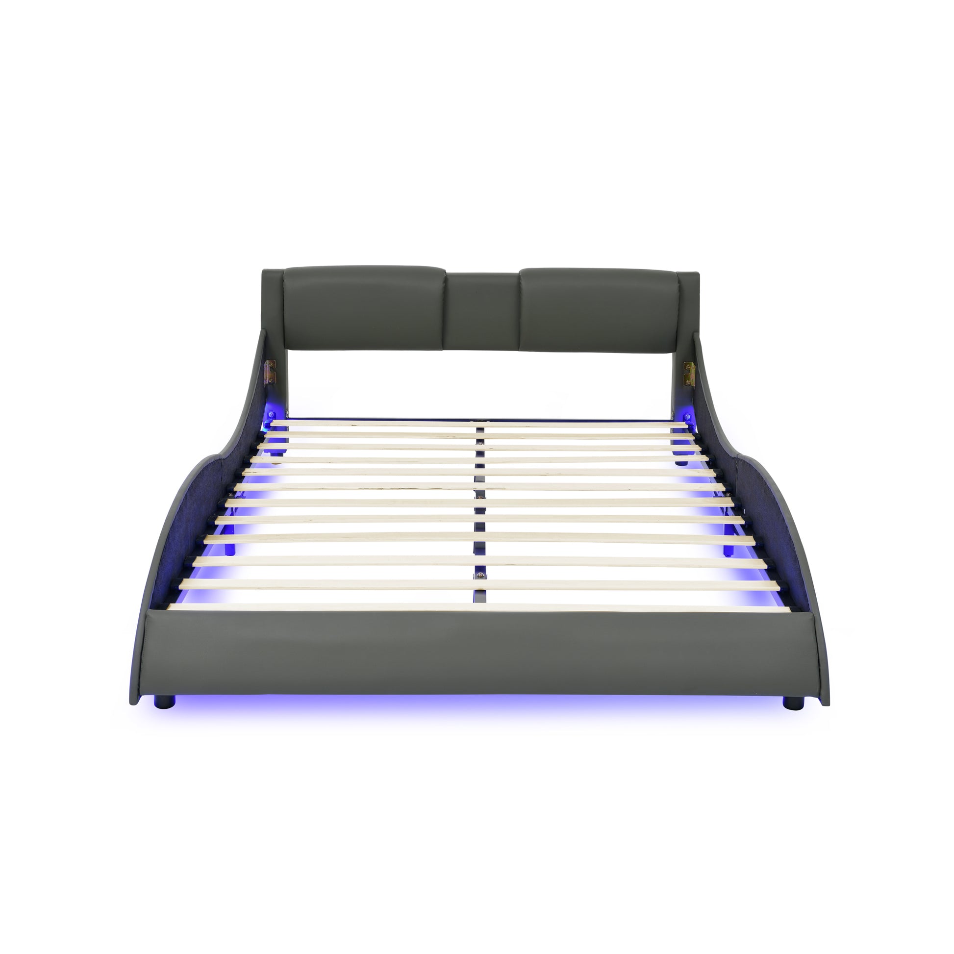 Queen Led Bed Frame Modern Faux Leather Upholstered Platform Bed Frame With Rgb Led Lights And Headboard Wave Like Curve Low Profile Bed Frame,Wood Slats Support,Easy Assembly, Grey Queen Grey Pu