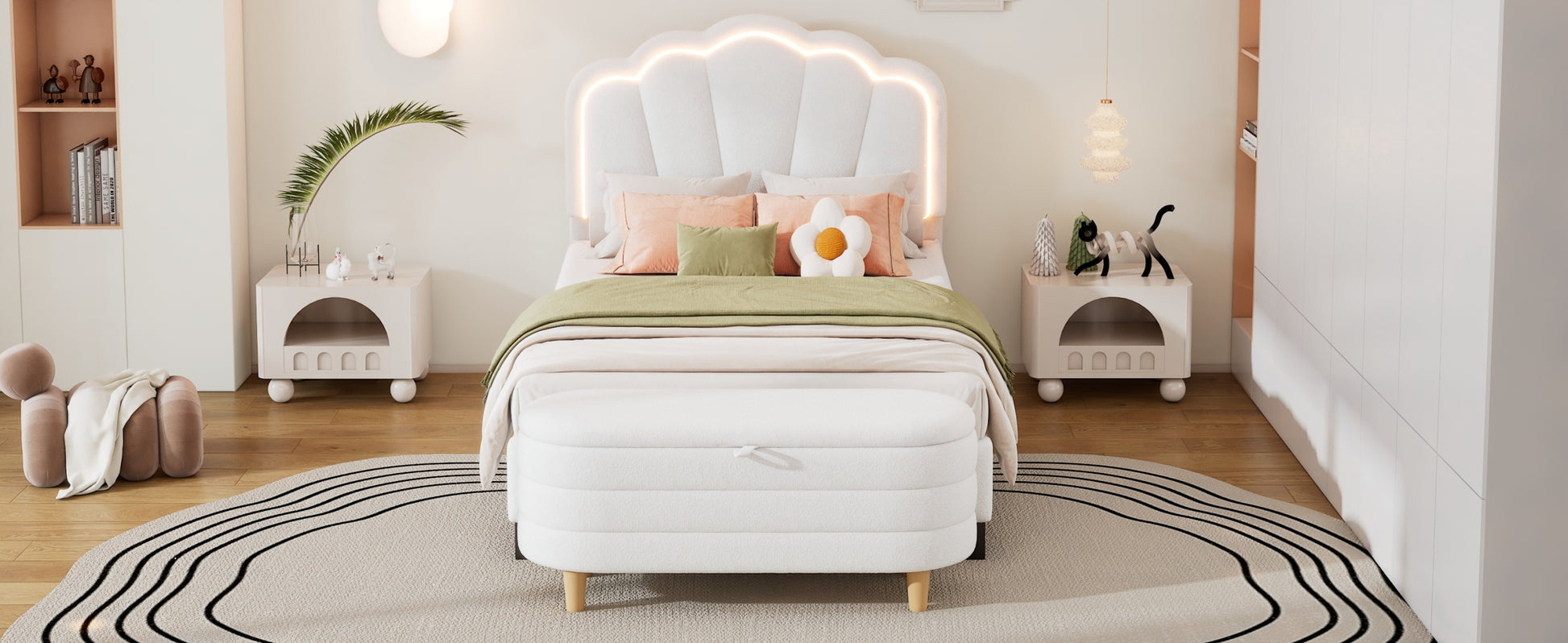 2 Pieces Bedroom Sets Twin Size Flower Shaped Upholstered Led Platform Bed With Storage Ottoman Sherpa Fabric, White Twin White 2 Piece Set Wood